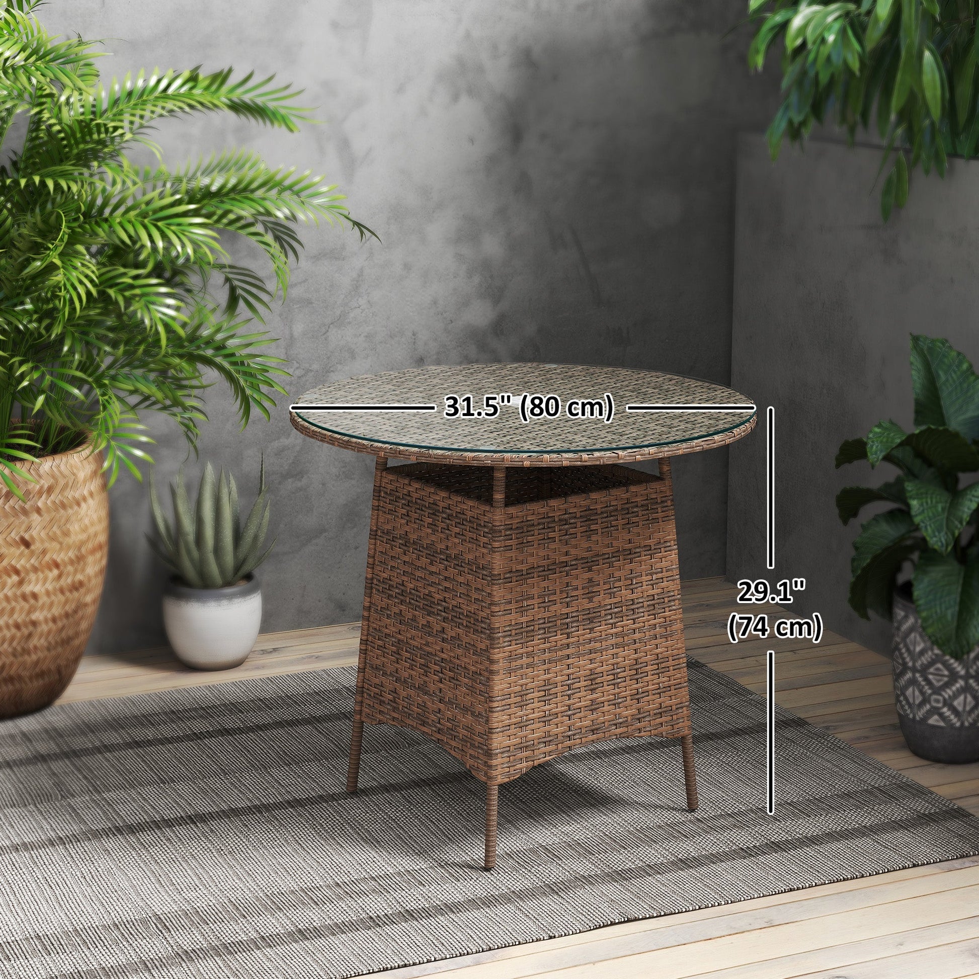 31.5" Outdoor Round Patio Table with Umbrella Hole, All Weather Bistro Coffee Table with Tempered Glass Top for Garden, Balcony, Backyard, Brown