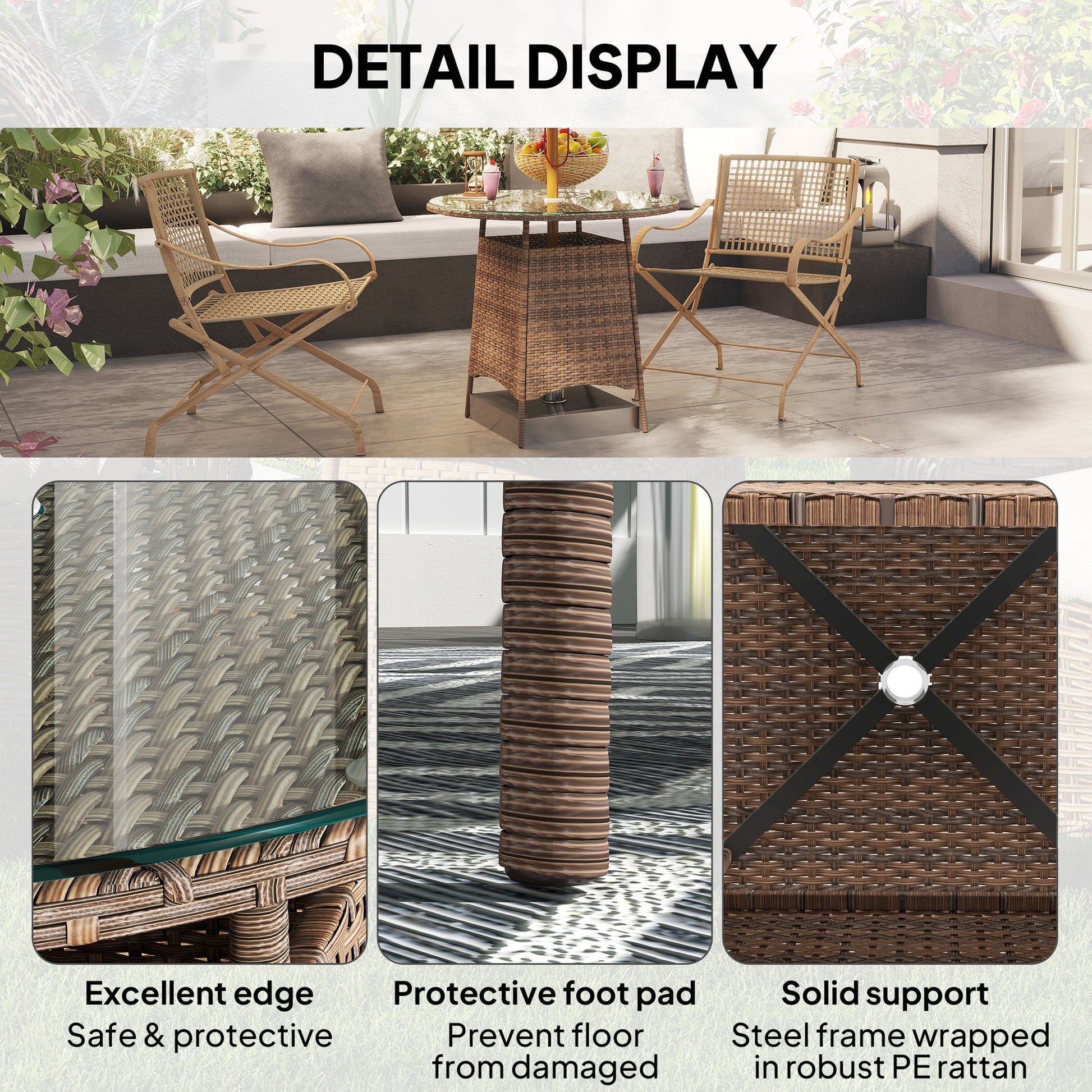 31.5" Outdoor Round Patio Table with Umbrella Hole, All Weather Bistro Coffee Table with Tempered Glass Top for Garden, Balcony, Backyard, Brown
