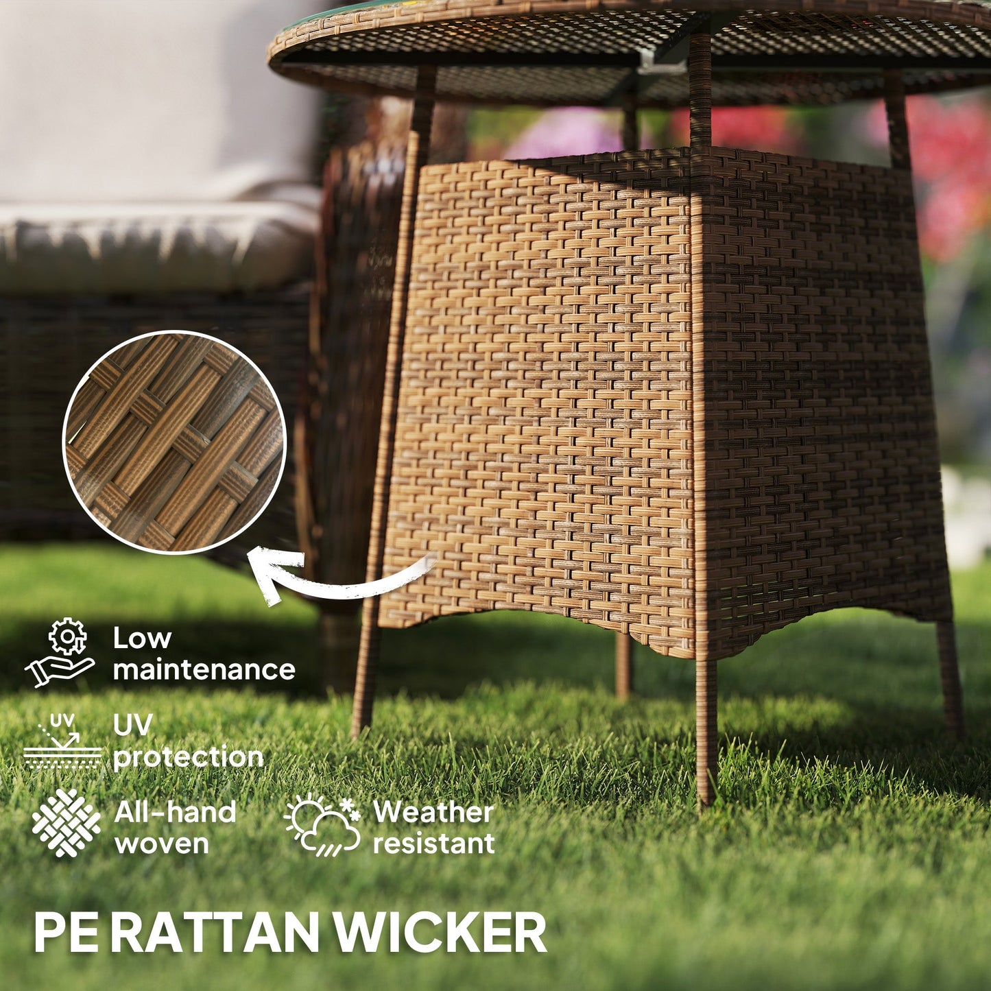 31.5" Outdoor Round Patio Table with Umbrella Hole, All Weather Bistro Coffee Table with Tempered Glass Top for Garden, Balcony, Backyard, Brown