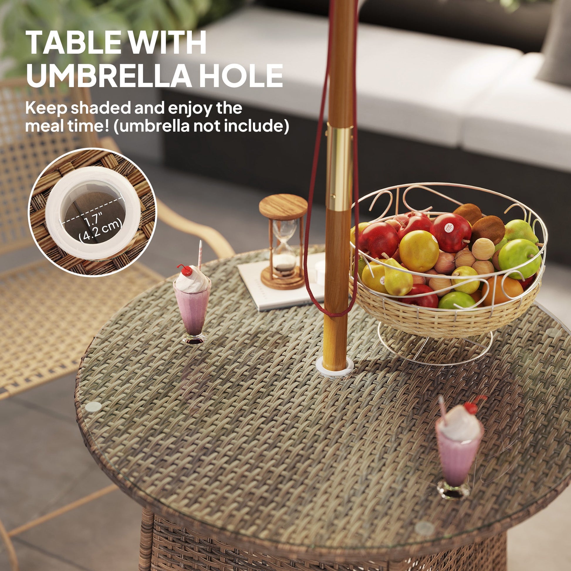 31.5" Outdoor Round Patio Table with Umbrella Hole, All Weather Bistro Coffee Table with Tempered Glass Top for Garden, Balcony, Backyard, Brown