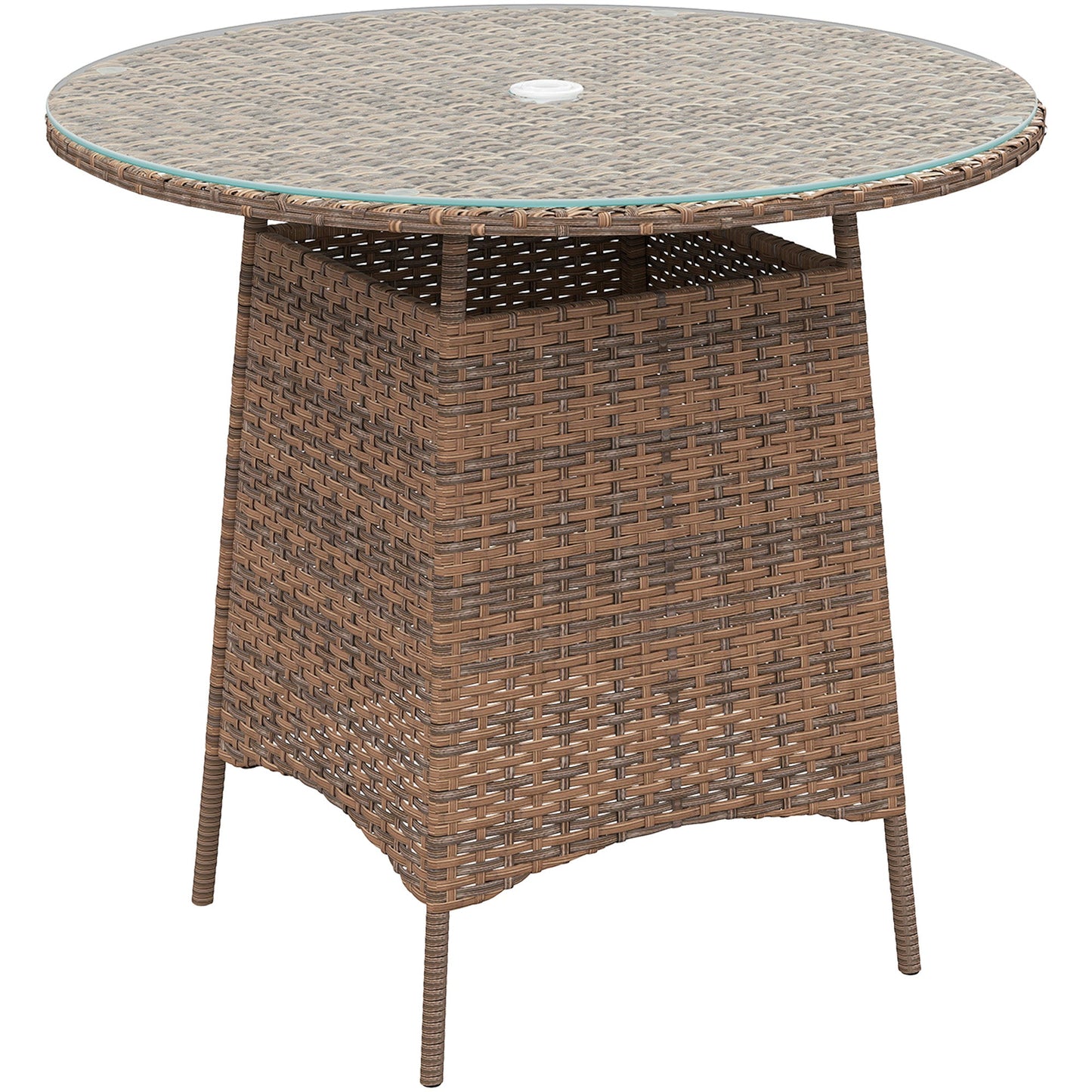 31.5" Outdoor Round Patio Table with Umbrella Hole, All Weather Bistro Coffee Table with Tempered Glass Top for Garden, Balcony, Backyard, Brown