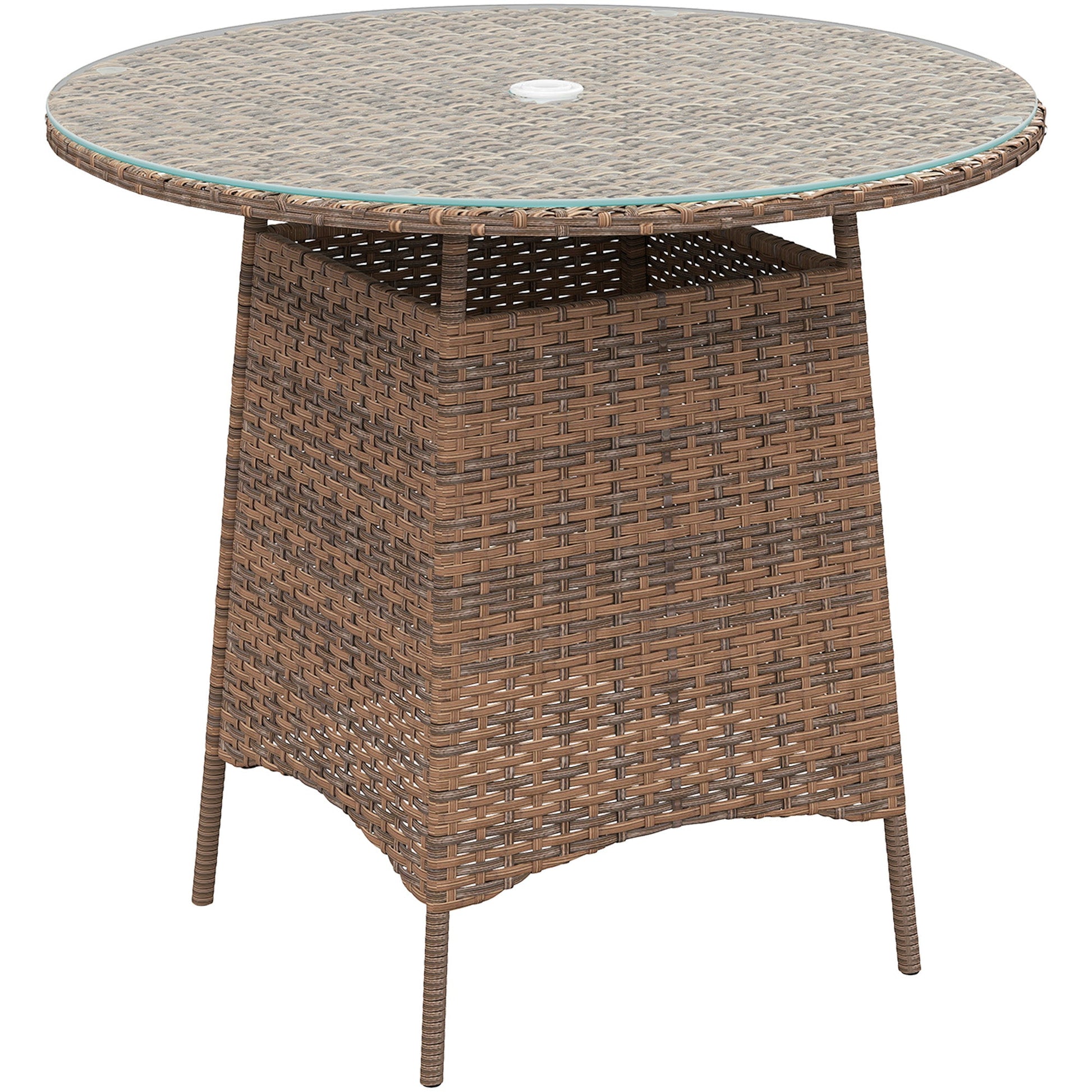 31.5" Outdoor Round Patio Table with Umbrella Hole, All Weather Bistro Coffee Table with Tempered Glass Top for Garden, Balcony, Backyard, Brown