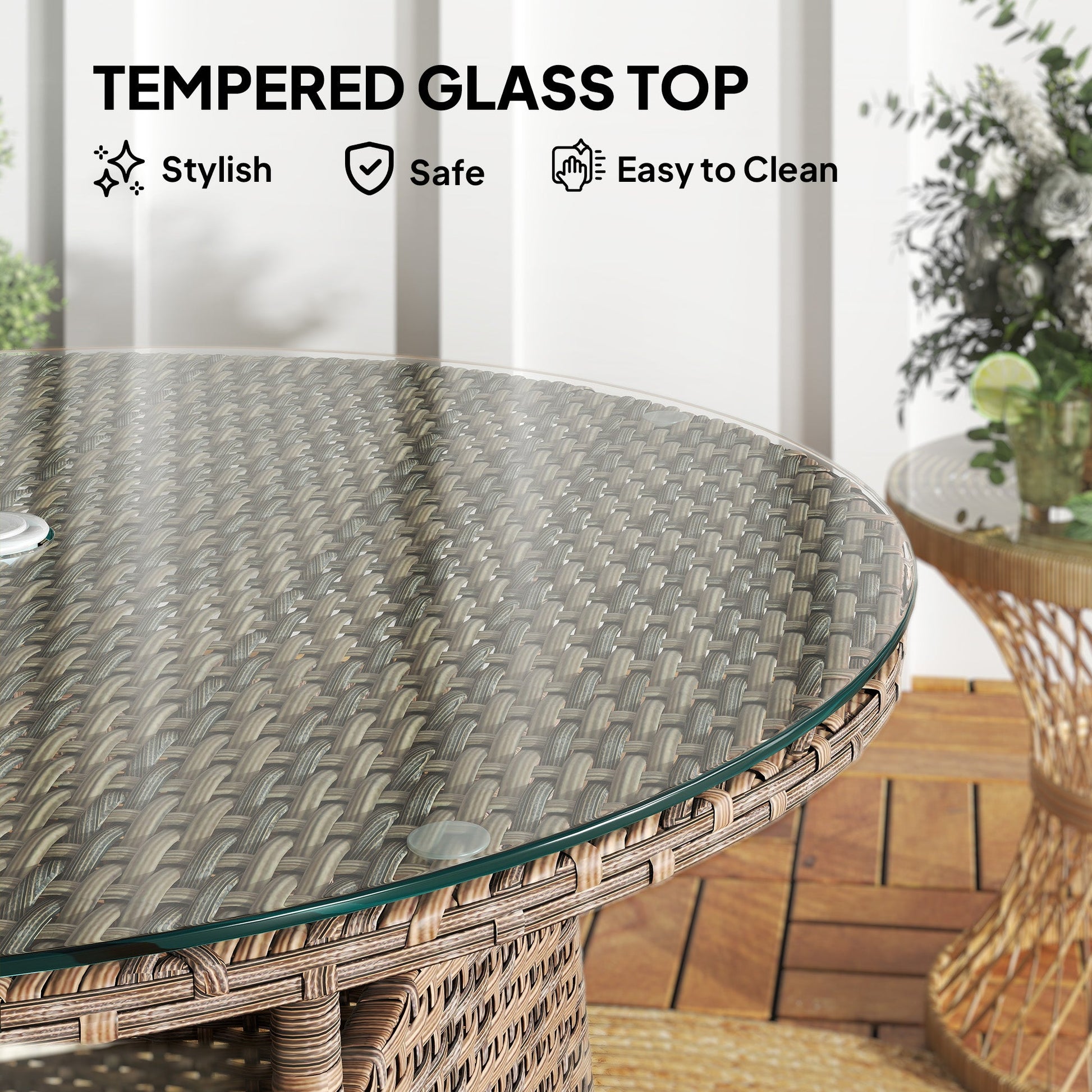 31.5" Outdoor Round Patio Table with Umbrella Hole, All Weather Bistro Coffee Table with Tempered Glass Top for Garden, Balcony, Backyard, Brown