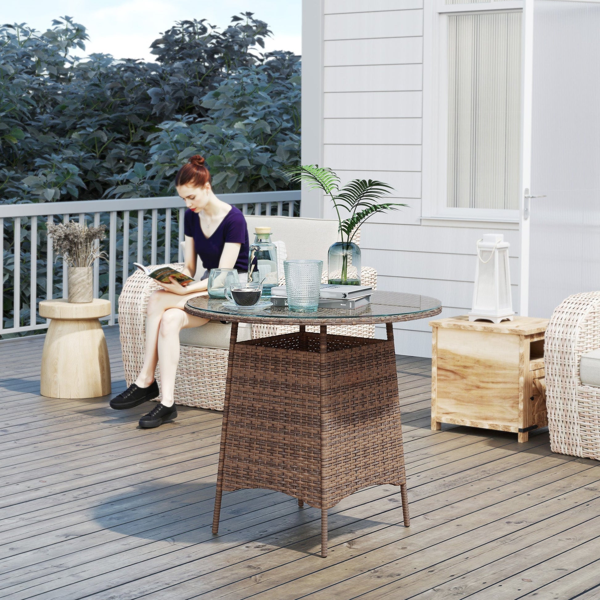 31.5" Outdoor Round Patio Table with Umbrella Hole, All Weather Bistro Coffee Table with Tempered Glass Top for Garden, Balcony, Backyard, Brown