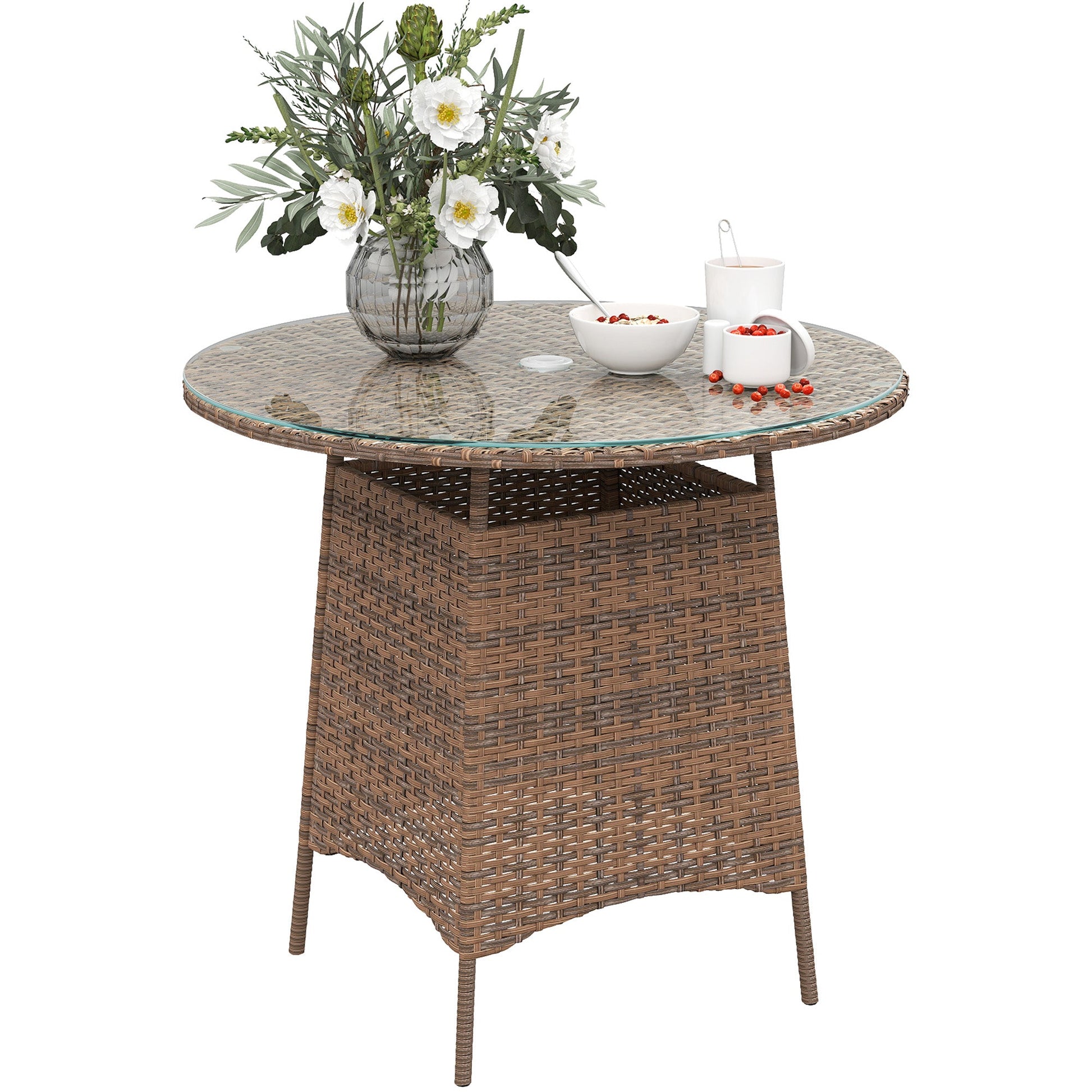 31.5" Outdoor Round Patio Table with Umbrella Hole, All Weather Bistro Coffee Table with Tempered Glass Top for Garden, Balcony, Backyard, Brown