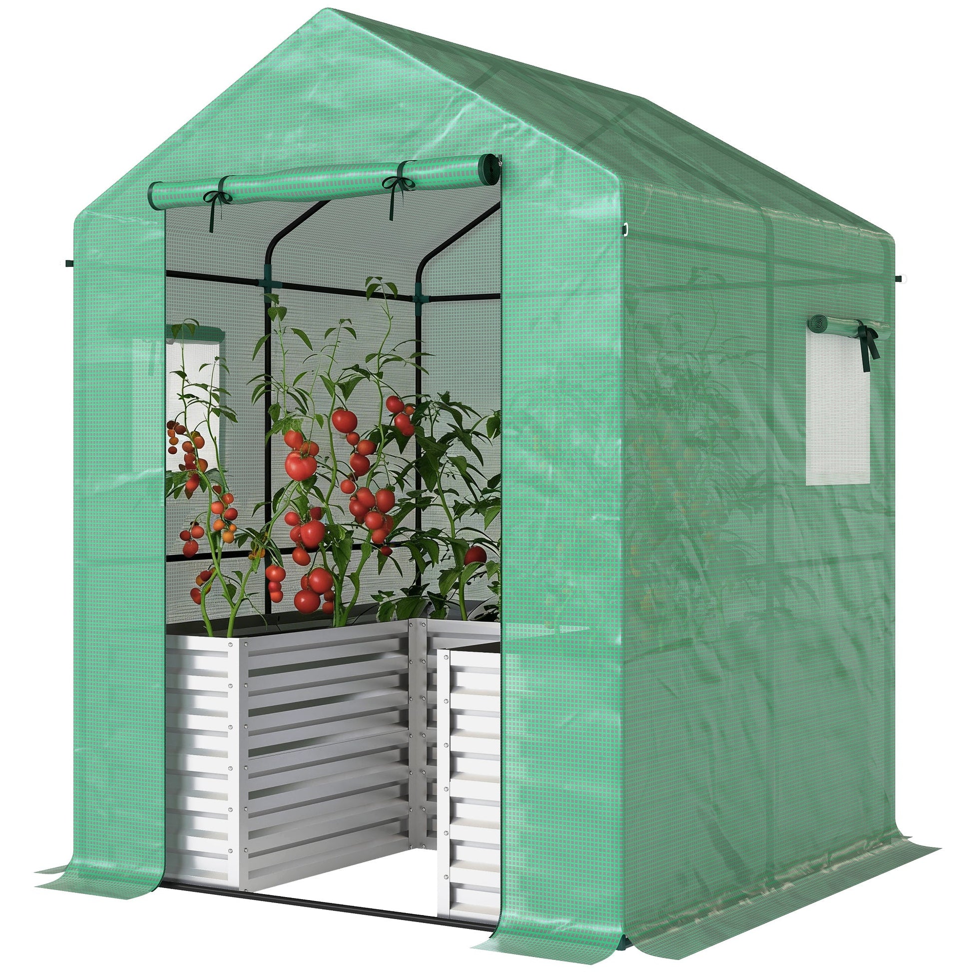 Greenhouse with Raised Garden Bed, 56" x 56" x 75" Galvanized Metal Planter Box with PE Cover, Roll Up Door and Windows, Outdoor Greenhouse for Flowers Vegetables, Green