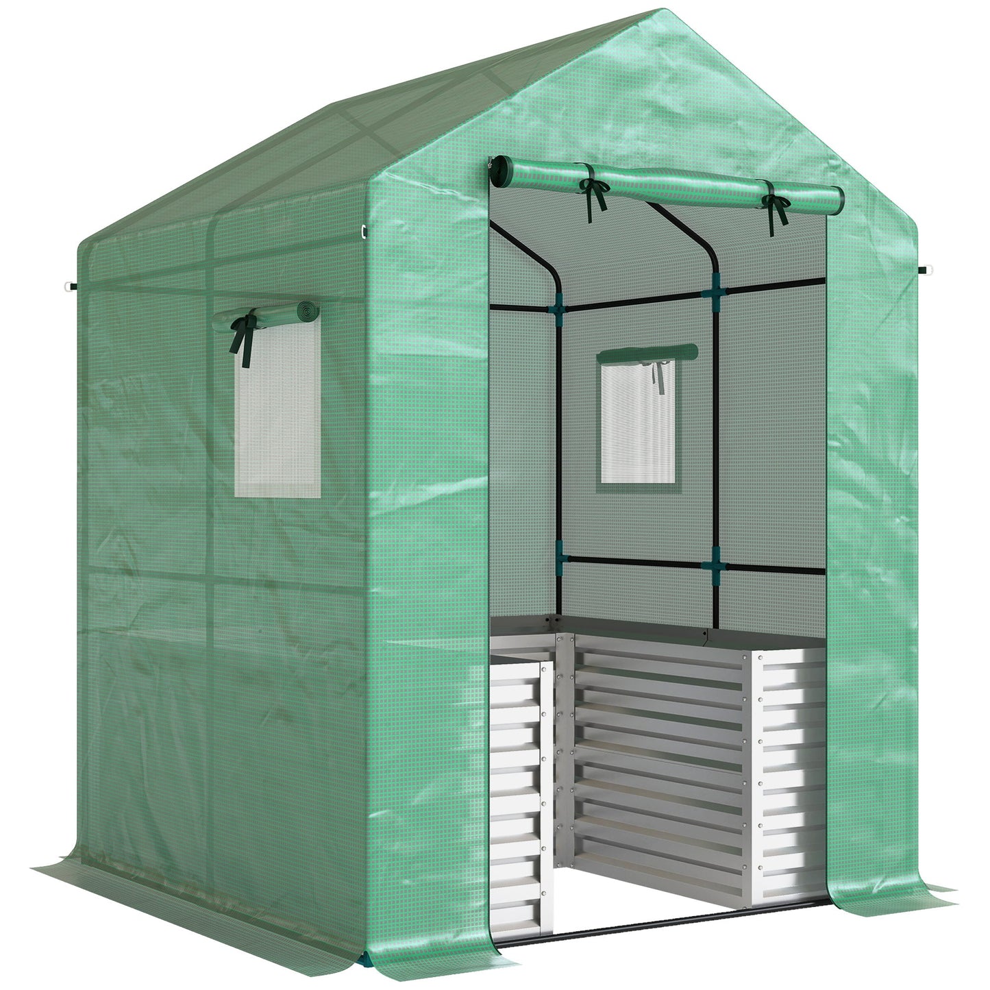 Greenhouse with Raised Garden Bed, 56" x 56" x 75" Galvanized Metal Planter Box with PE Cover, Roll Up Door and Windows, Outdoor Greenhouse for Flowers Vegetables, Green