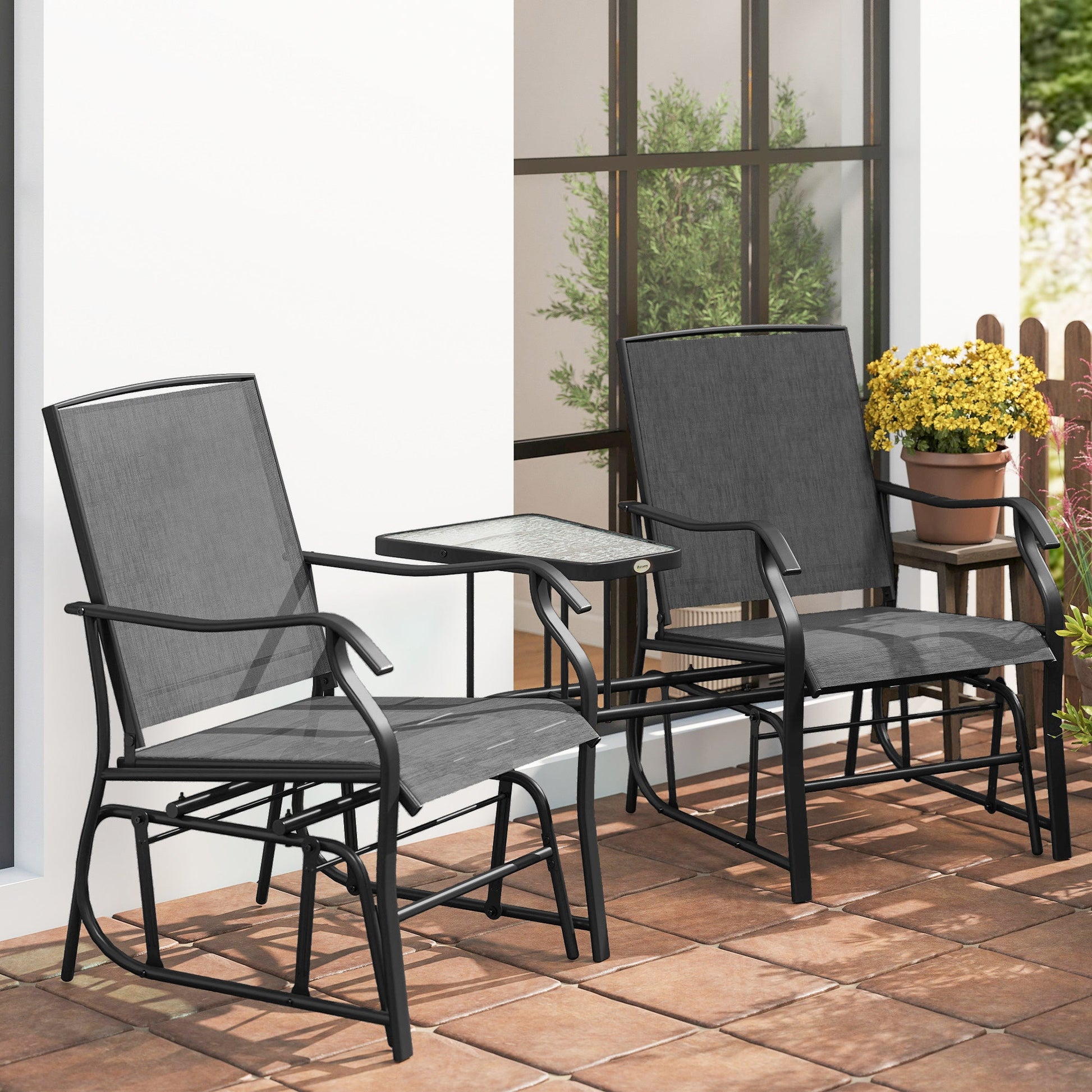 Double Patio Glider Chair with Glass Top Center Table, Outdoor Glider Loveseat with High Back,  All Weather Breathable Mesh Fabric for Garden, Backyard, Deck, Black