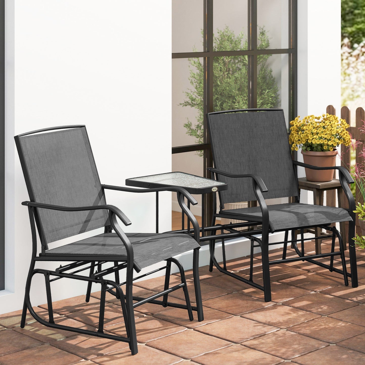 Double Patio Glider Chair with Glass Top Center Table, Outdoor Glider Loveseat with High Back,  All Weather Breathable Mesh Fabric for Garden, Backyard, Deck, Black