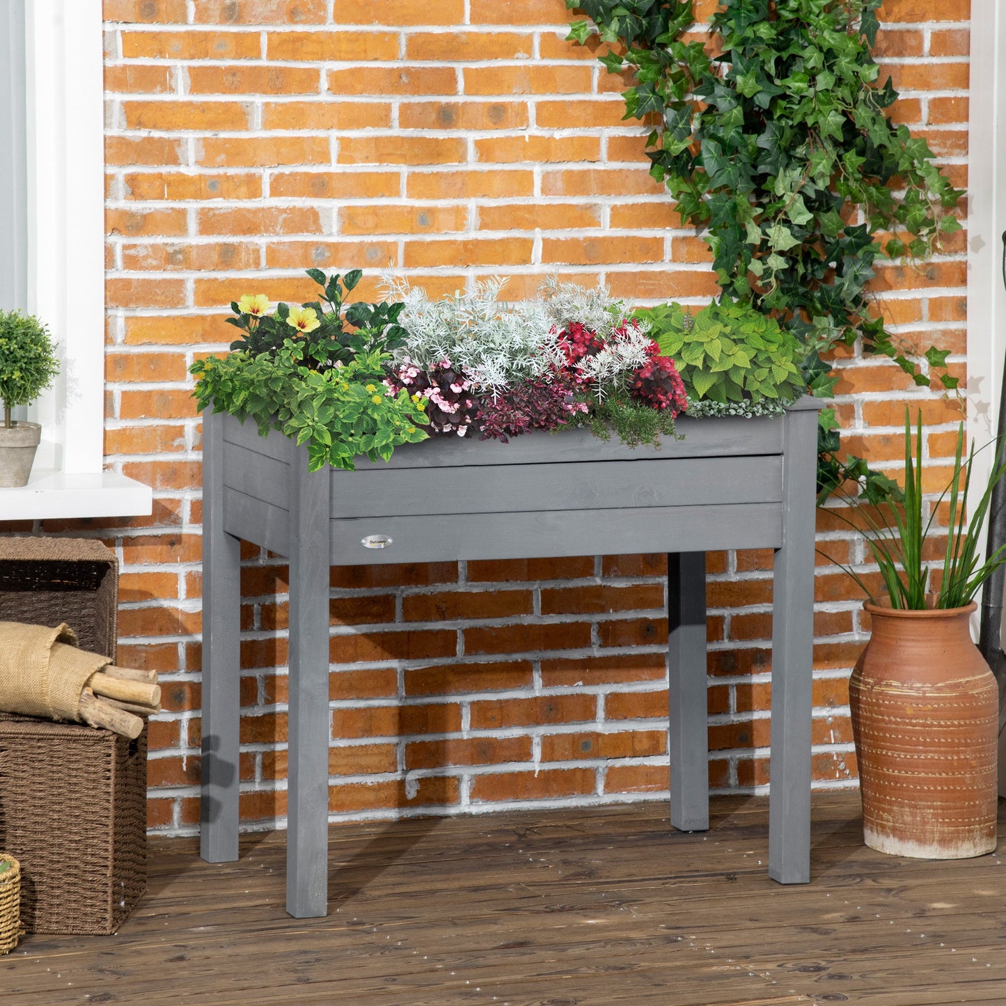 34" x 18" x 30" Wooden Patio Raised Garden Bed Planter, Elevated Planter Box with Legs, Outdoor Flower Stand with Inner Bag, Dark Grey