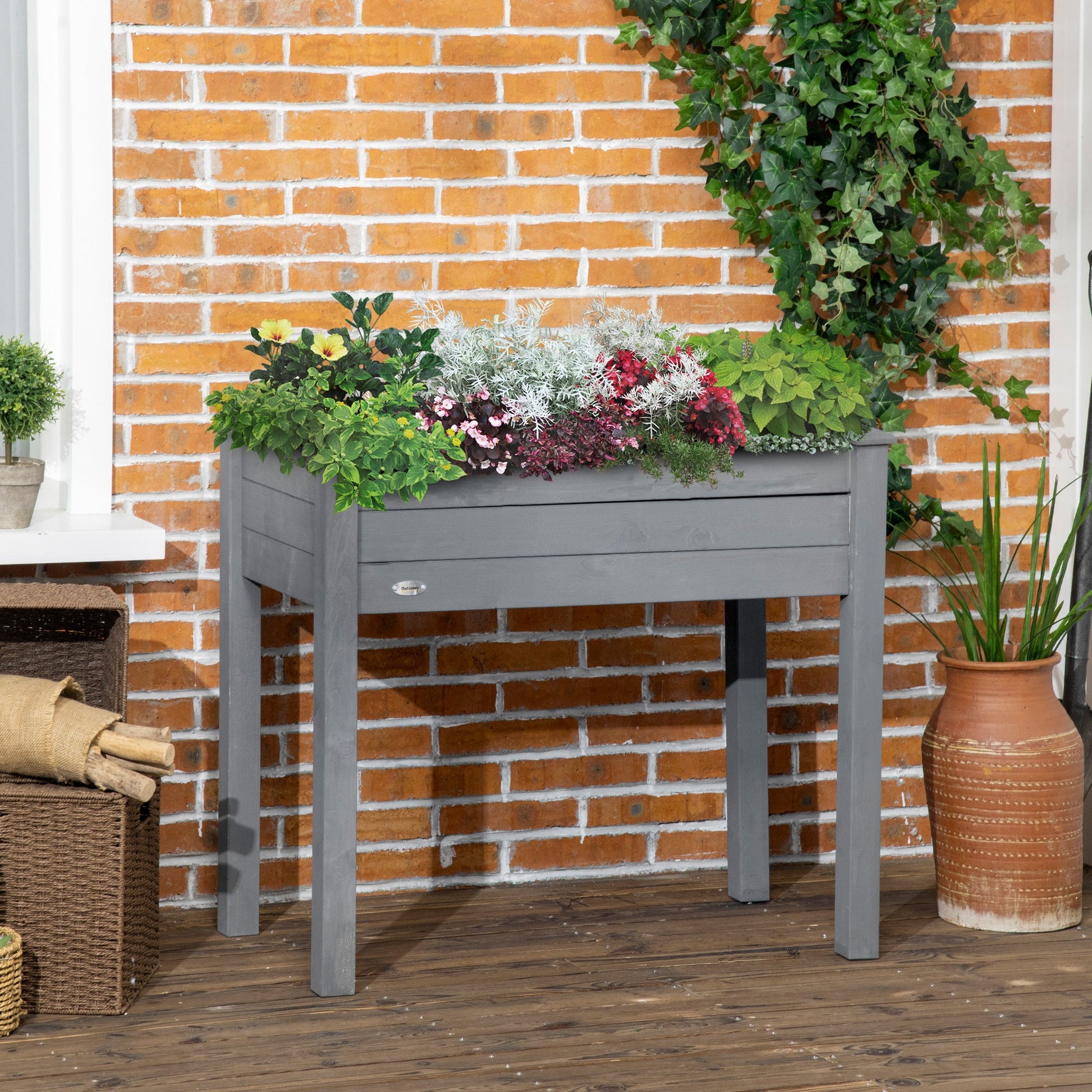 34" x 18" x 30" Wooden Patio Raised Garden Bed Planter, Elevated Planter Box with Legs, Outdoor Flower Stand with Inner Bag, Dark Grey