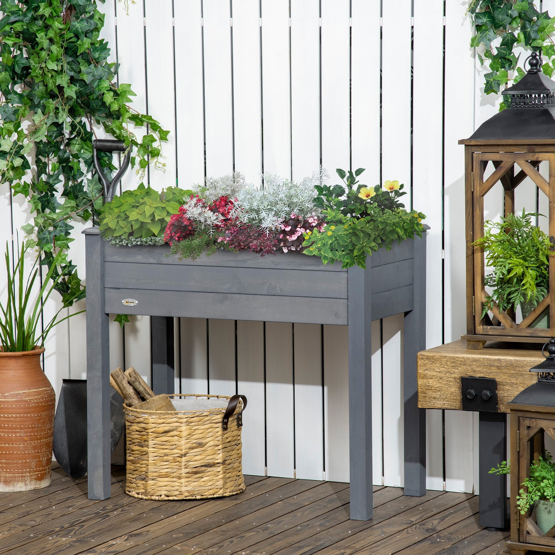 34" x 18" x 30" Wooden Patio Raised Garden Bed Planter, Elevated Planter Box with Legs, Outdoor Flower Stand with Inner Bag, Dark Grey