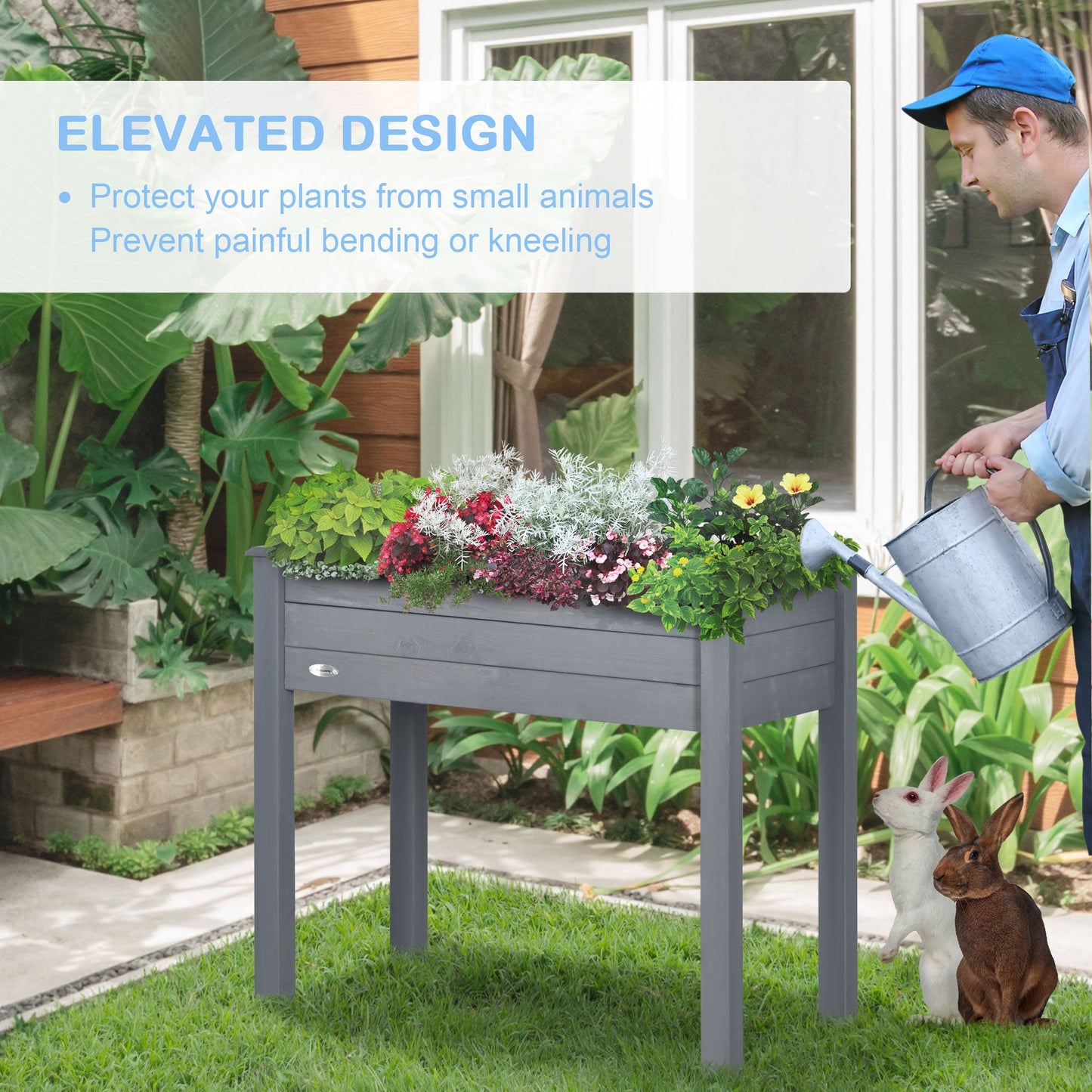 34" x 18" x 30" Wooden Patio Raised Garden Bed Planter, Elevated Planter Box with Legs, Outdoor Flower Stand with Inner Bag, Dark Grey