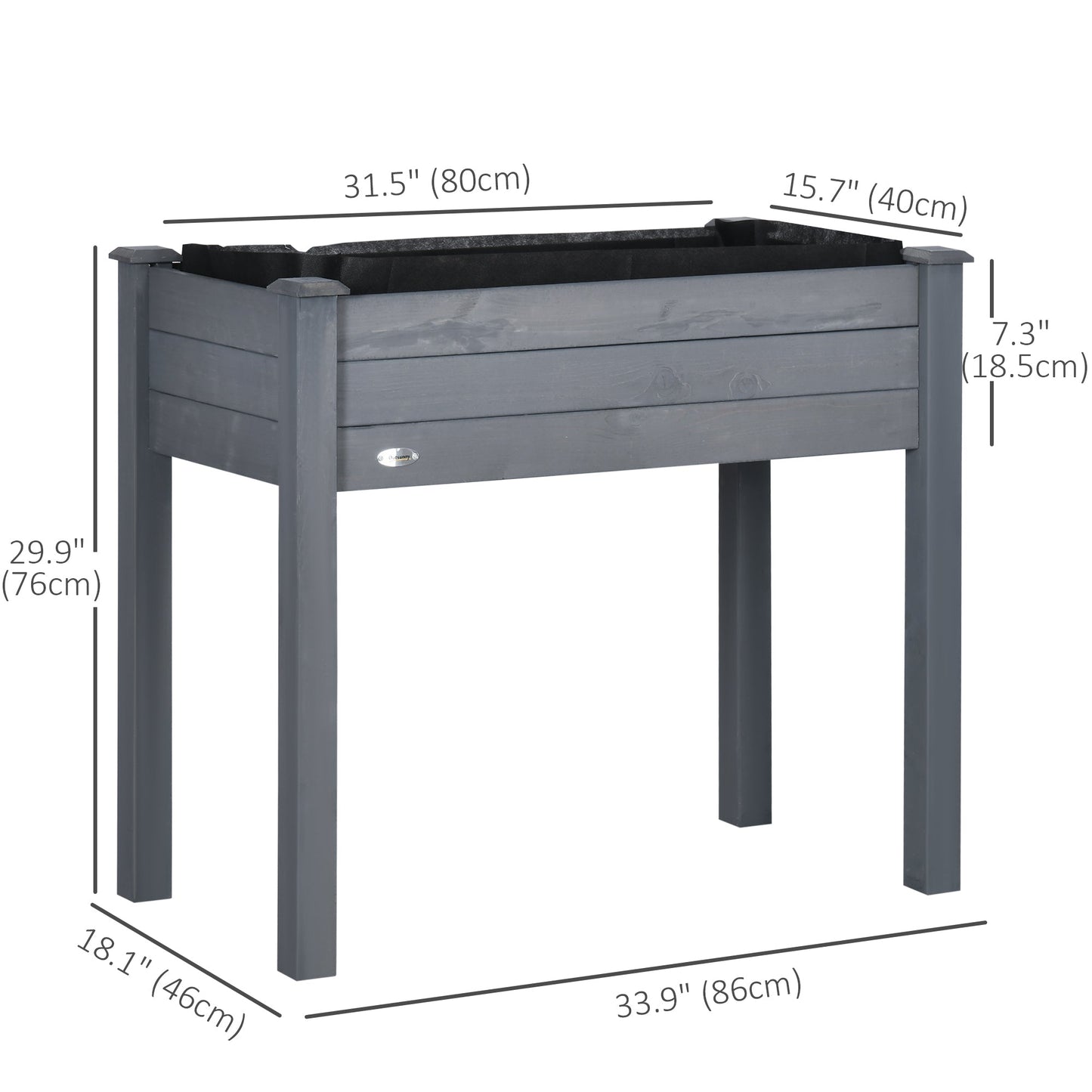 34" x 18" x 30" Wooden Patio Raised Garden Bed Planter, Elevated Planter Box with Legs, Outdoor Flower Stand with Inner Bag, Dark Grey