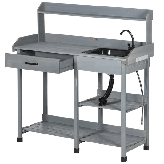 Potting Bench Table Garden Work Bench Workstation with Drawer, Removable Sink, Storage Shelves and Hooks for Patio, Courtyards, Balcony