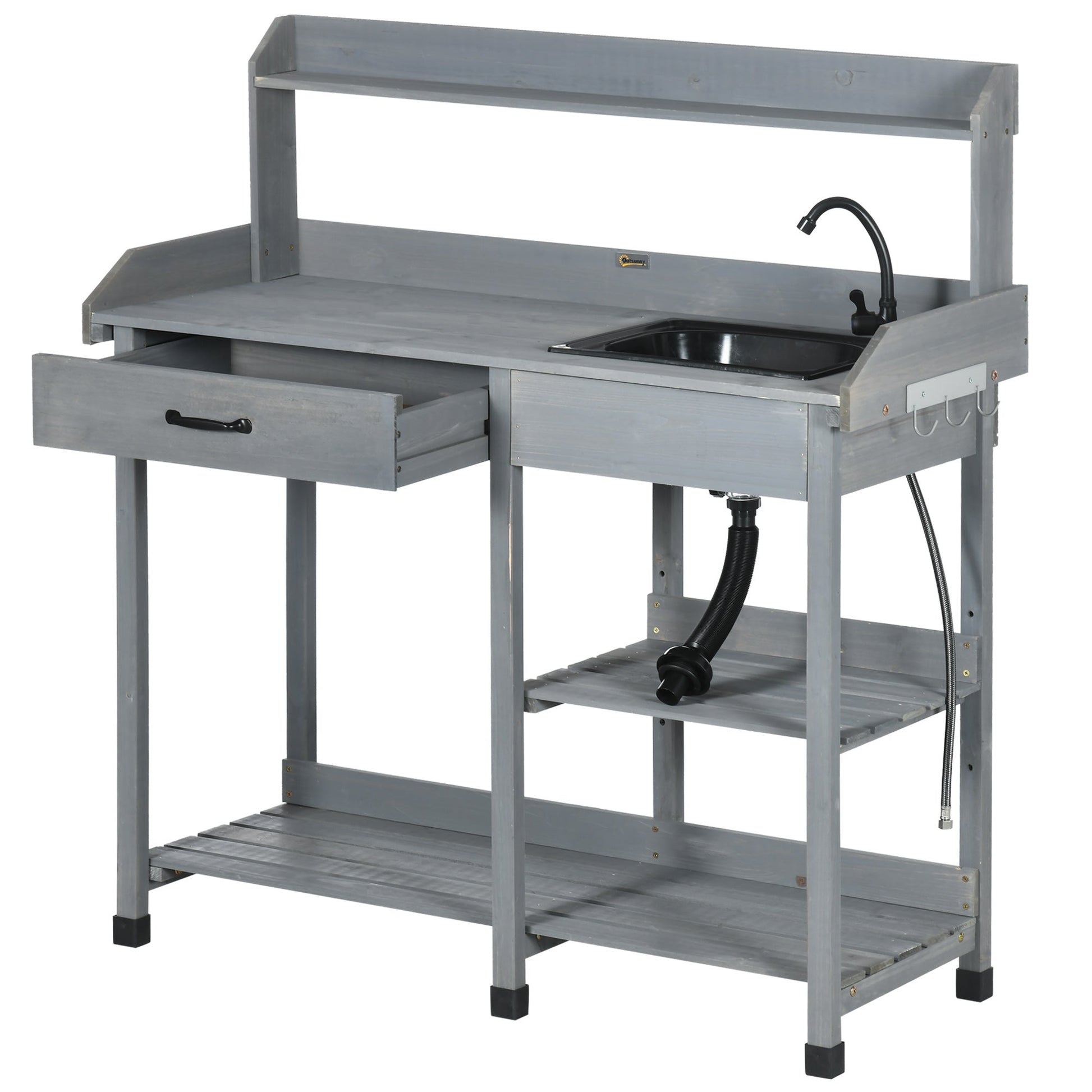 Potting Bench Table Garden Work Bench Workstation with Drawer, Removable Sink, Storage Shelves and Hooks for Patio, Courtyards, Balcony