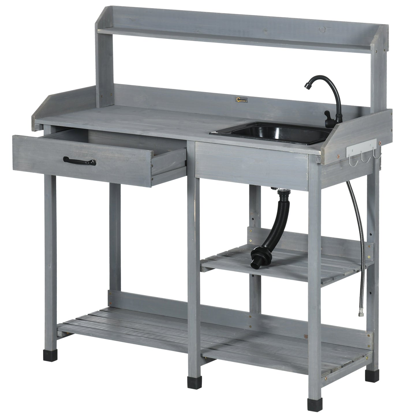 Potting Bench Table Garden Work Bench Workstation with Drawer, Removable Sink, Storage Shelves and Hooks for Patio, Courtyards, Balcony
