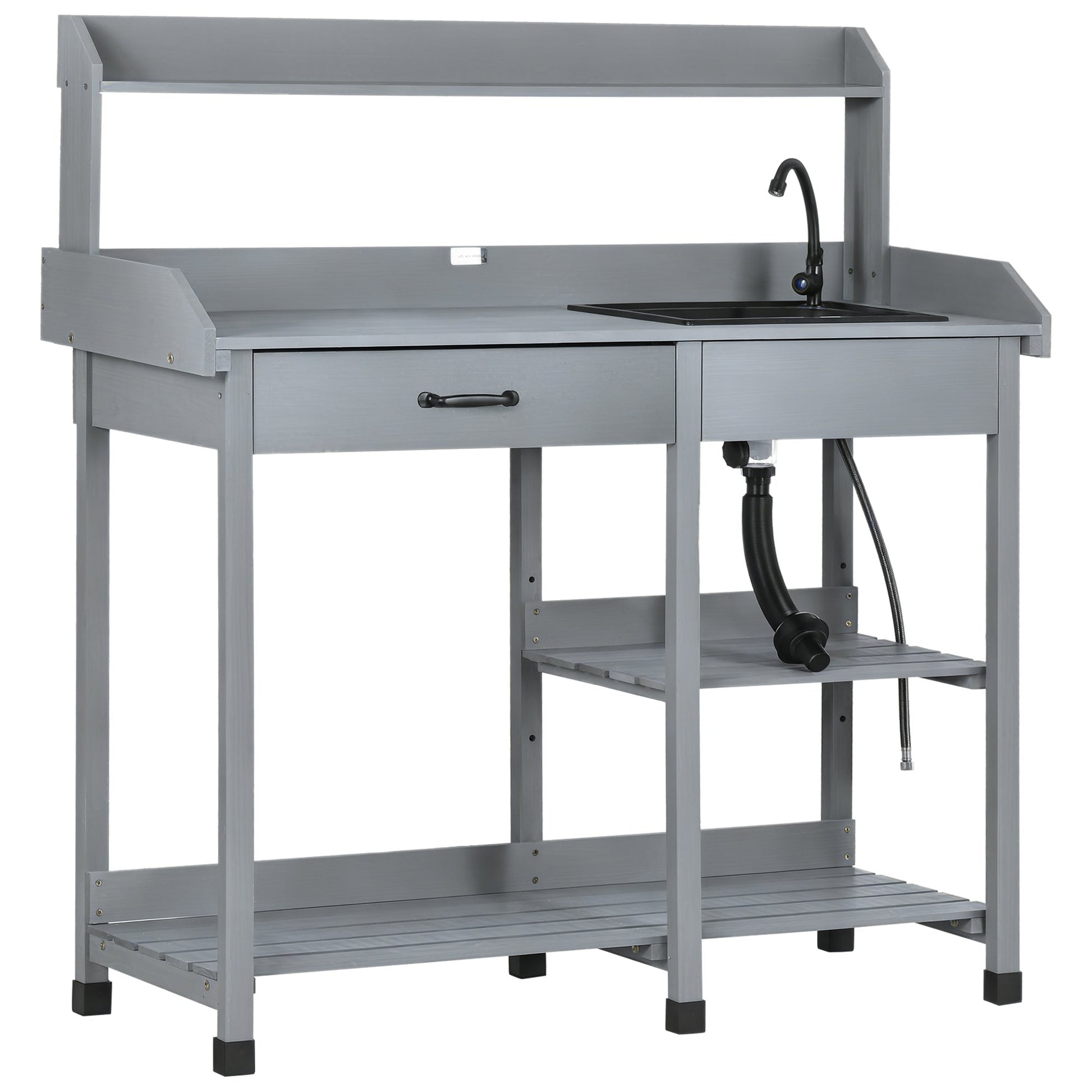 Potting Bench Table Garden Work Bench Workstation with Drawer, Removable Sink, Storage Shelves and Hooks for Patio, Courtyards, Balcony