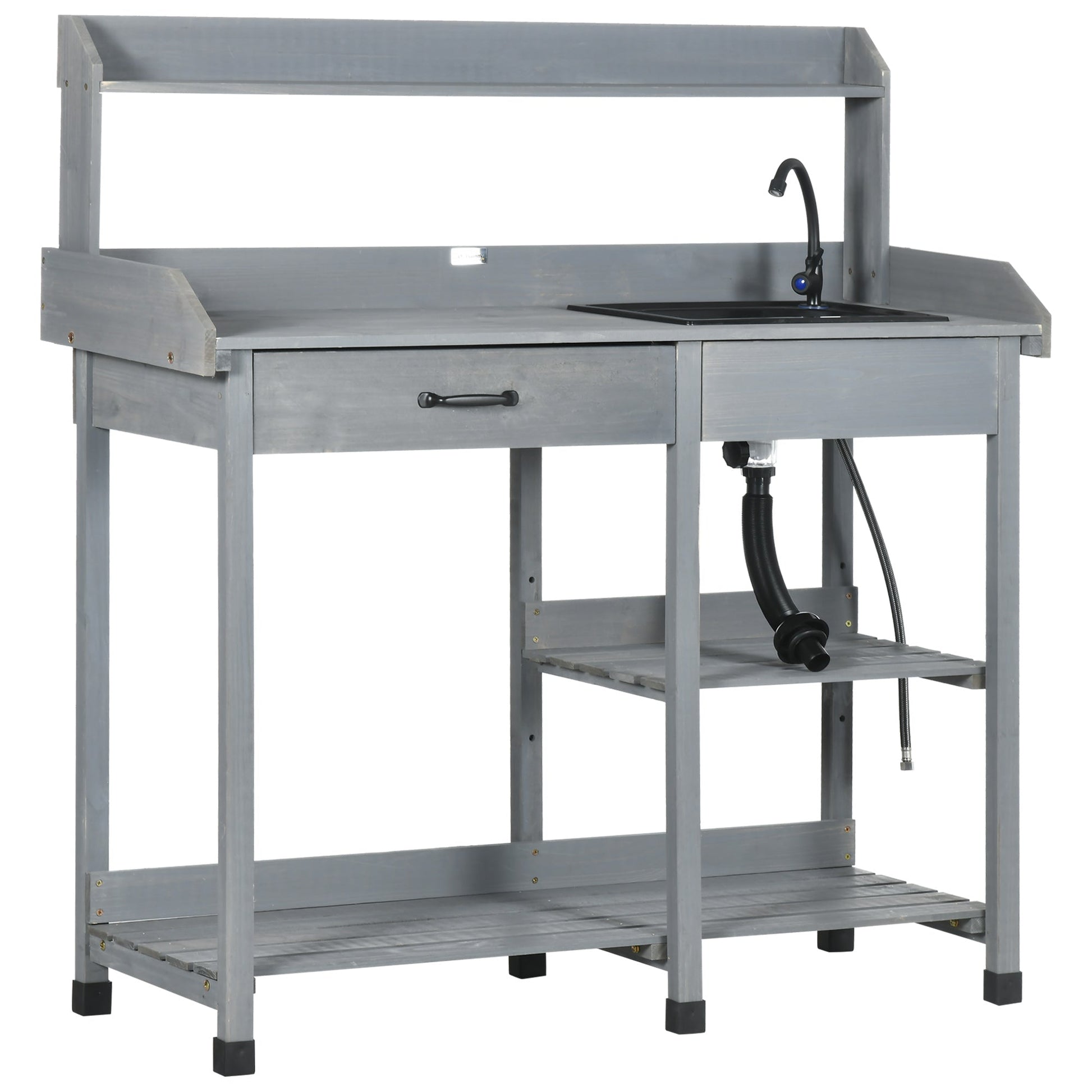 Potting Bench Table Garden Work Bench Workstation with Drawer, Removable Sink, Storage Shelves and Hooks for Patio, Courtyards, Balcony