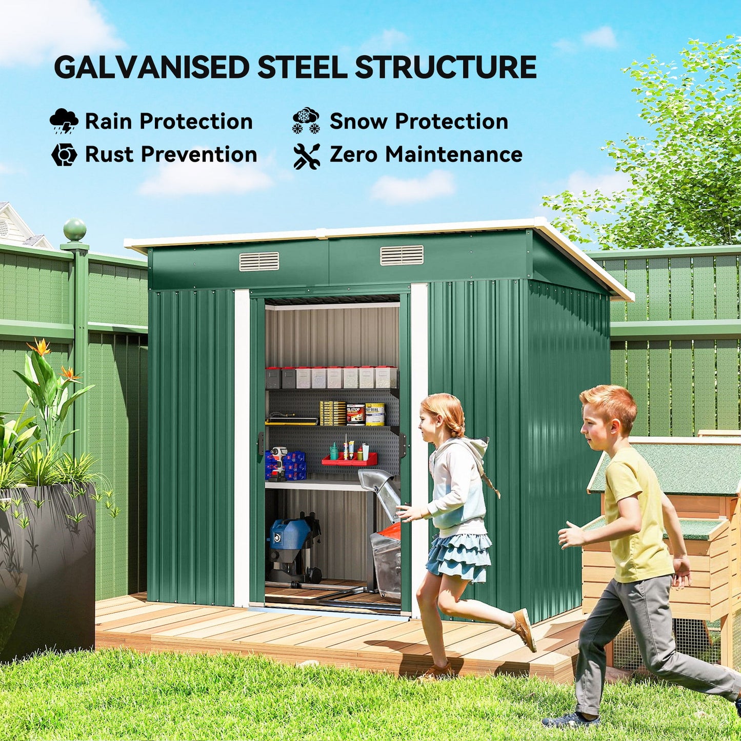7'x 4' Outdoor Storage Shed, Metal Garden Shed with Lockable Double Doors, Foundation Kit and Vents for Patio, Backyard, Tool Storage, Green