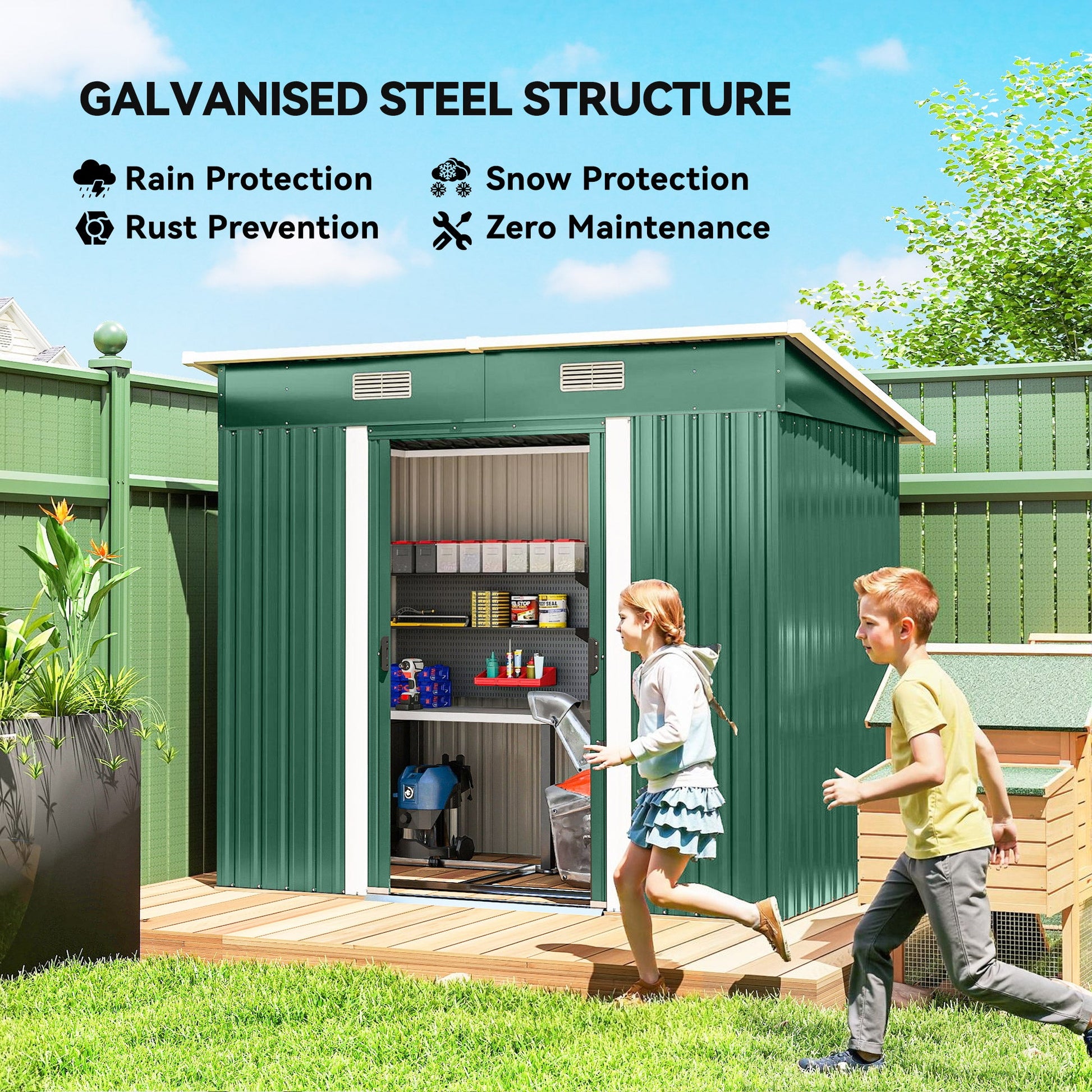 7'x 4' Outdoor Storage Shed, Metal Garden Shed with Lockable Double Doors, Foundation Kit and Vents for Patio, Backyard, Tool Storage, Green