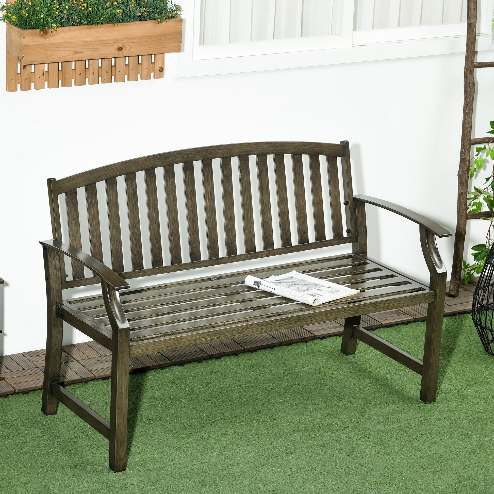 46" Outdoor Garden Bench, Metal Bench, Wood Look Slatted Frame Furniture for Patio, Park, Porch, Lawn, Yard, Deck, Black