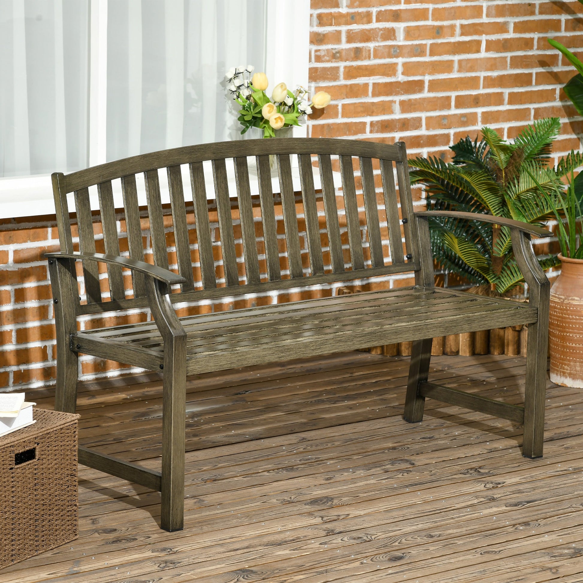 46" Outdoor Garden Bench, Metal Bench, Wood Look Slatted Frame Furniture for Patio, Park, Porch, Lawn, Yard, Deck, Black