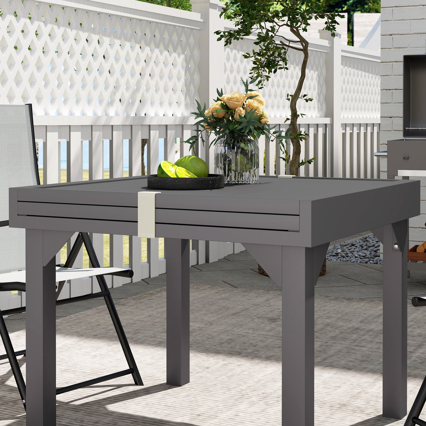 Extendable Aluminium Outdoor Dining Table for 4-6 Person, 35"-71" Slatted Metal Patio Table for Garden, Backyard, Deck, Porch, Lawn, Grey