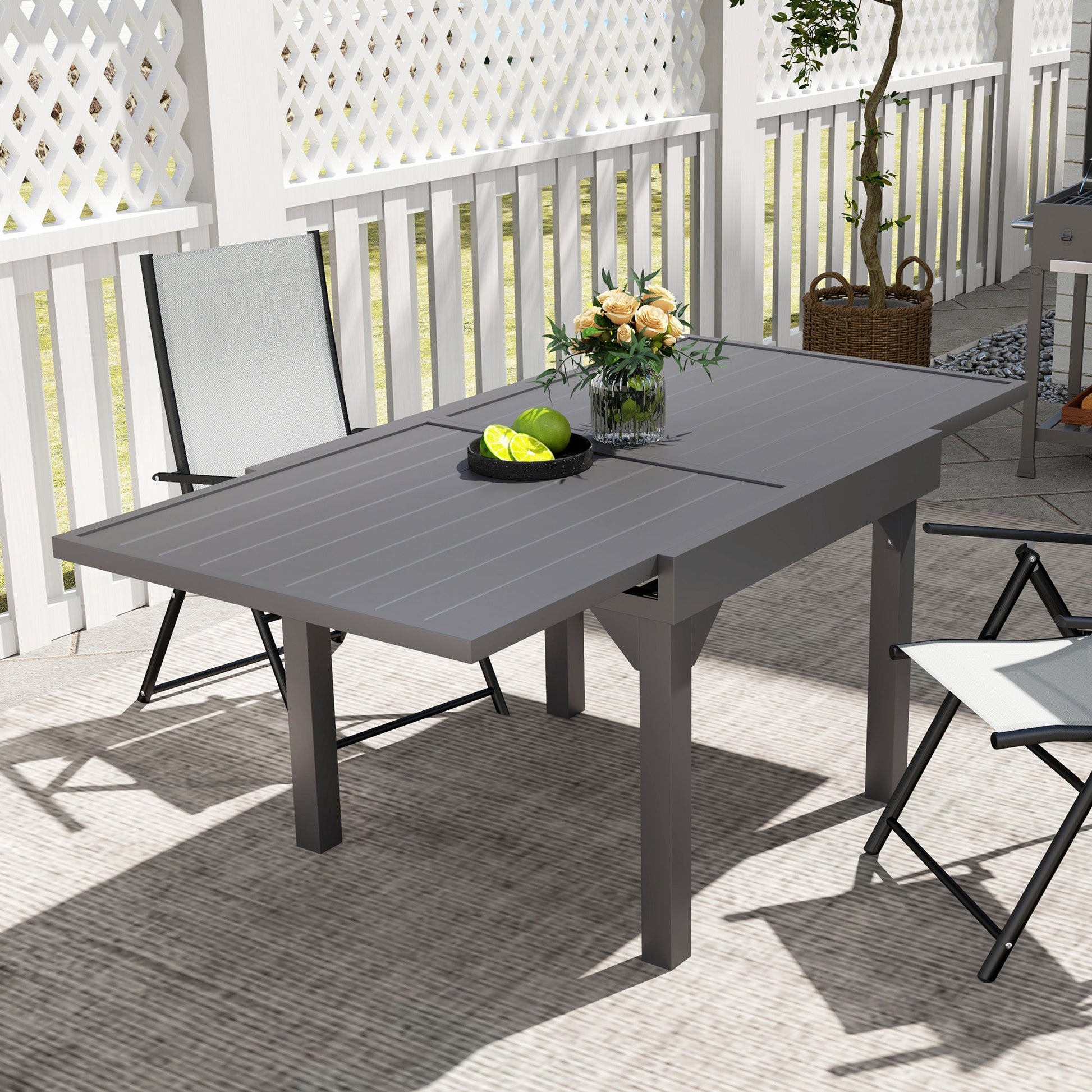Extendable Aluminium Outdoor Dining Table for 4-6 Person, 35"-71" Slatted Metal Patio Table for Garden, Backyard, Deck, Porch, Lawn, Grey