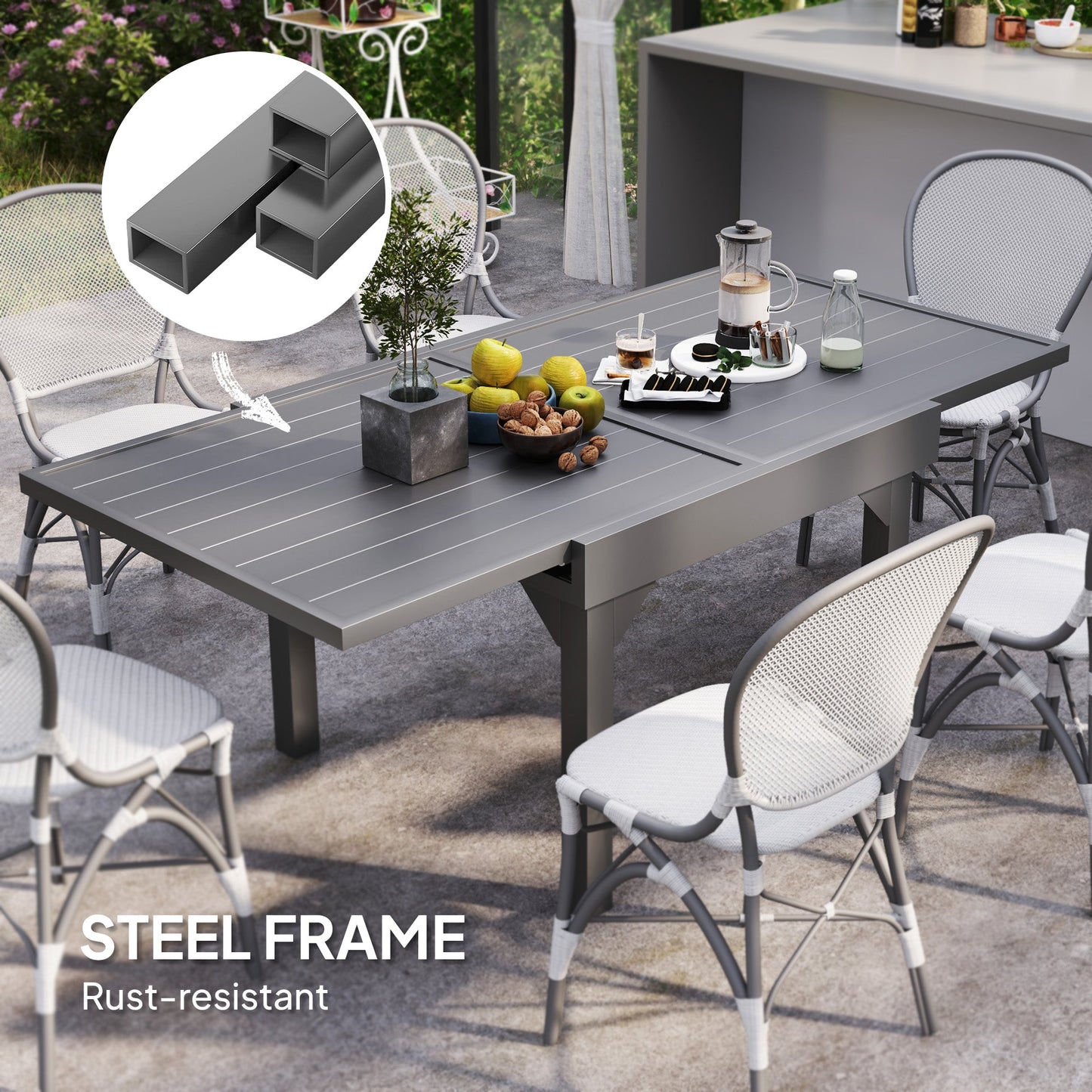 Extendable Aluminium Outdoor Dining Table for 4-6 Person, 35"-71" Slatted Metal Patio Table for Garden, Backyard, Deck, Porch, Lawn, Grey