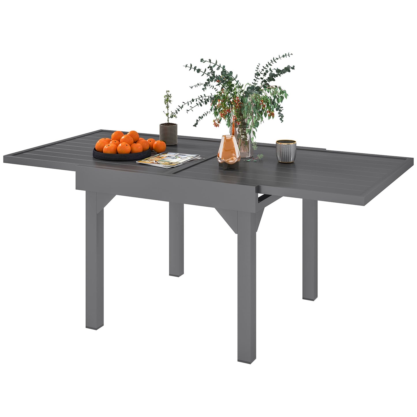 Extendable Aluminium Outdoor Dining Table for 4-6 Person, 35"-71" Slatted Metal Patio Table for Garden, Backyard, Deck, Porch, Lawn, Grey