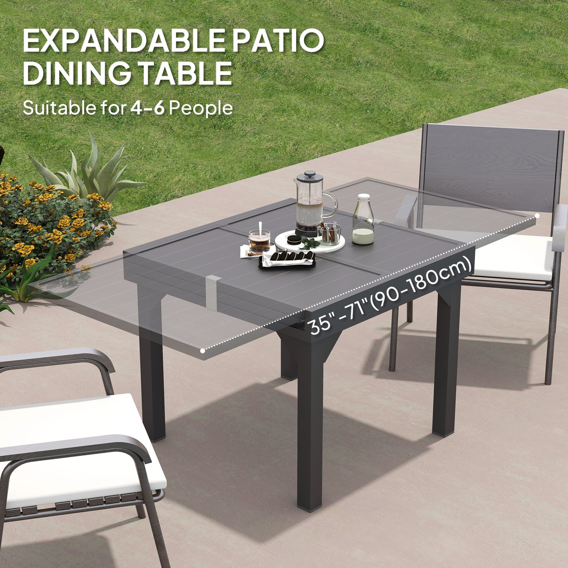 Extendable Aluminium Outdoor Dining Table for 4-6 Person, 35"-71" Slatted Metal Patio Table for Garden, Backyard, Deck, Porch, Lawn, Grey