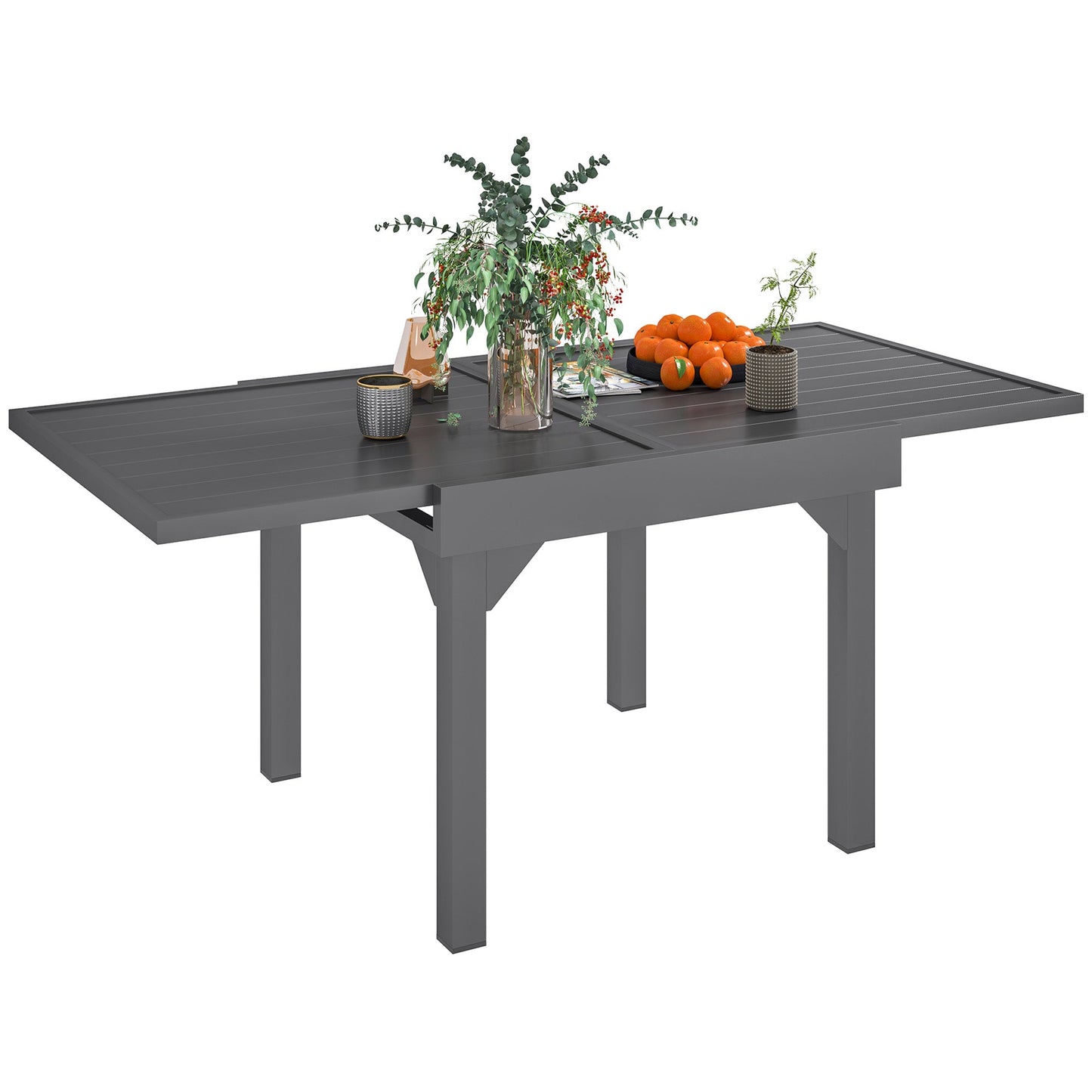 Extendable Aluminium Outdoor Dining Table for 4-6 Person, 35"-71" Slatted Metal Patio Table for Garden, Backyard, Deck, Porch, Lawn, Grey