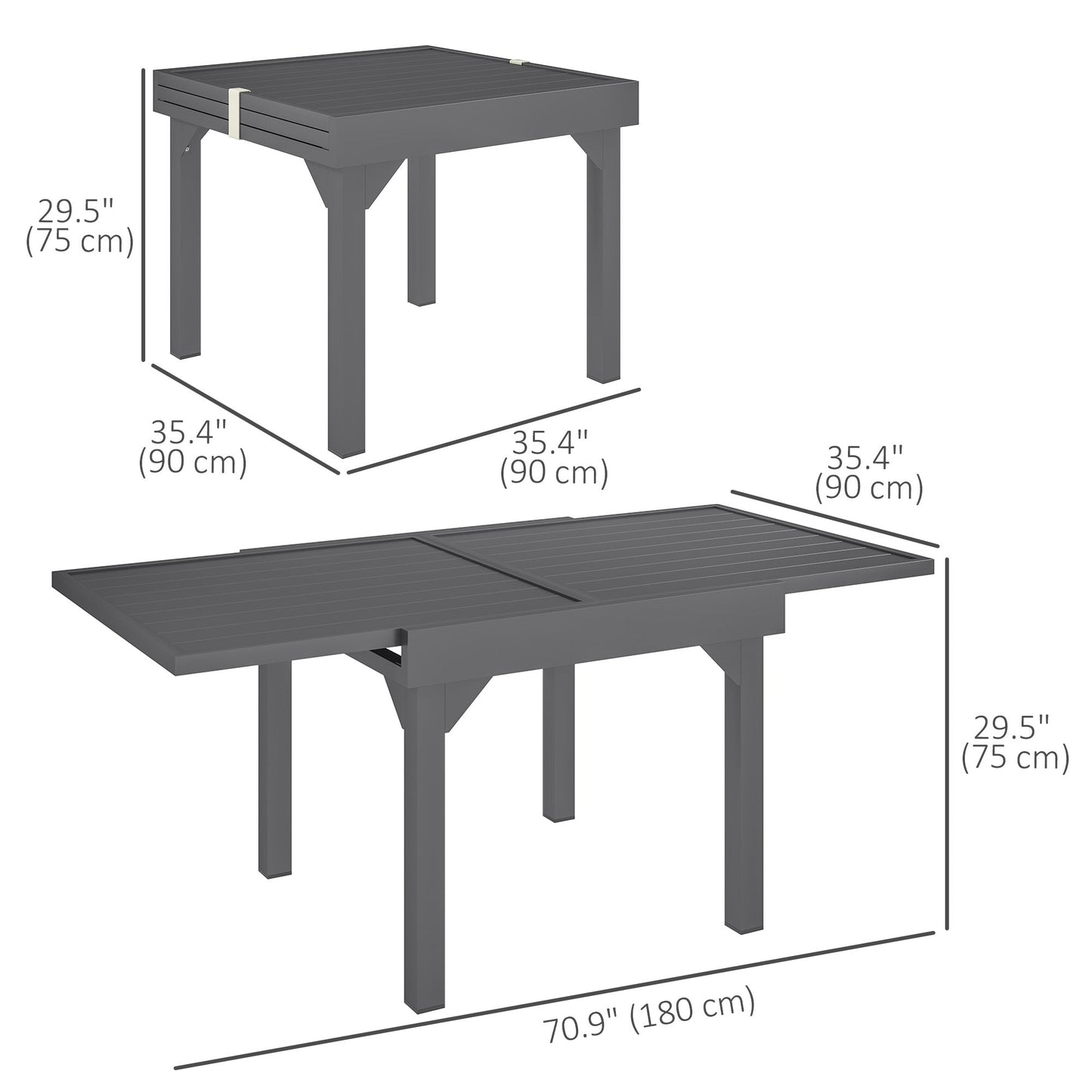 Extendable Aluminium Outdoor Dining Table for 4-6 Person, 35"-71" Slatted Metal Patio Table for Garden, Backyard, Deck, Porch, Lawn, Grey