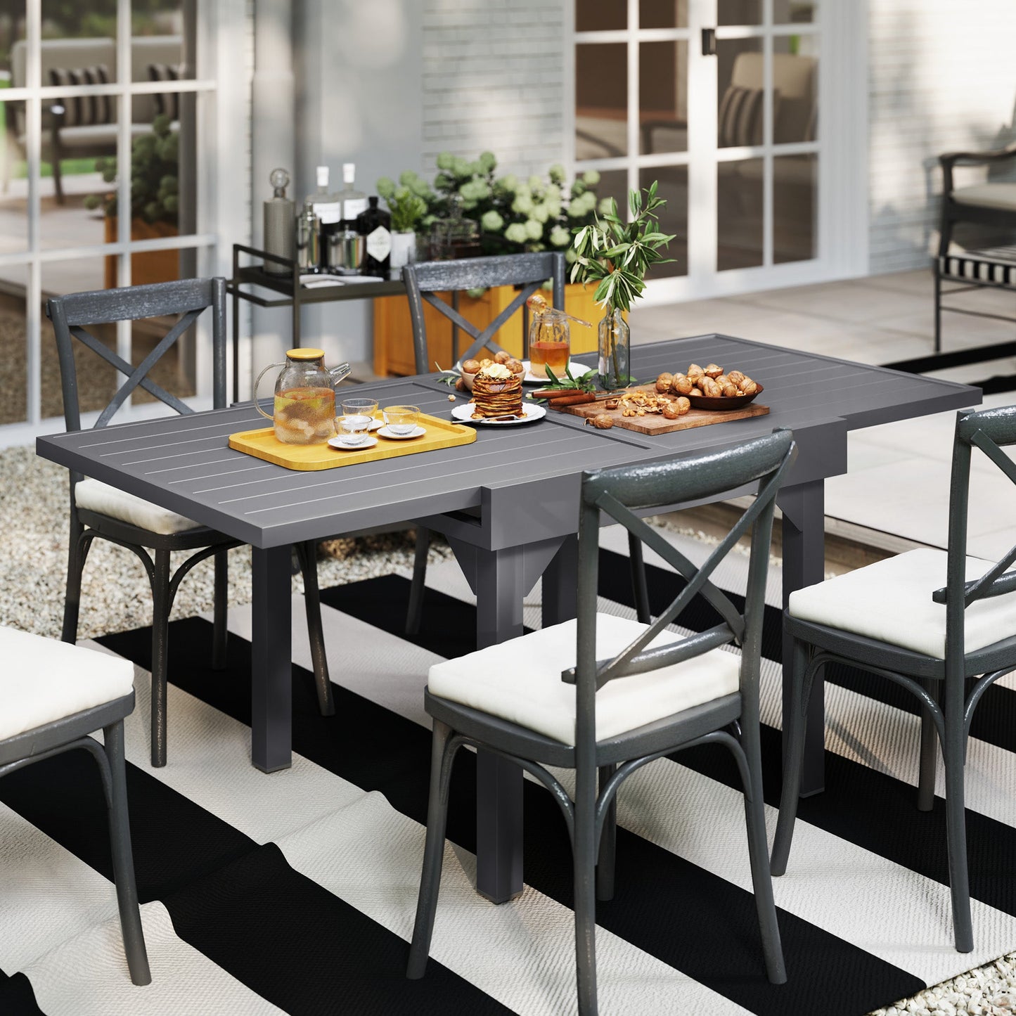 Extendable Aluminium Outdoor Dining Table for 4-6 Person, 35"-71" Slatted Metal Patio Table for Garden, Backyard, Deck, Porch, Lawn, Grey