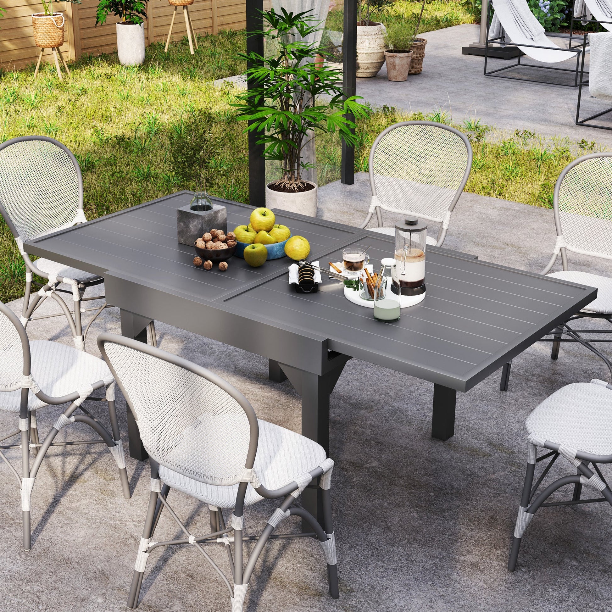 Extendable Aluminium Outdoor Dining Table for 4-6 Person, 35"-71" Slatted Metal Patio Table for Garden, Backyard, Deck, Porch, Lawn, Grey