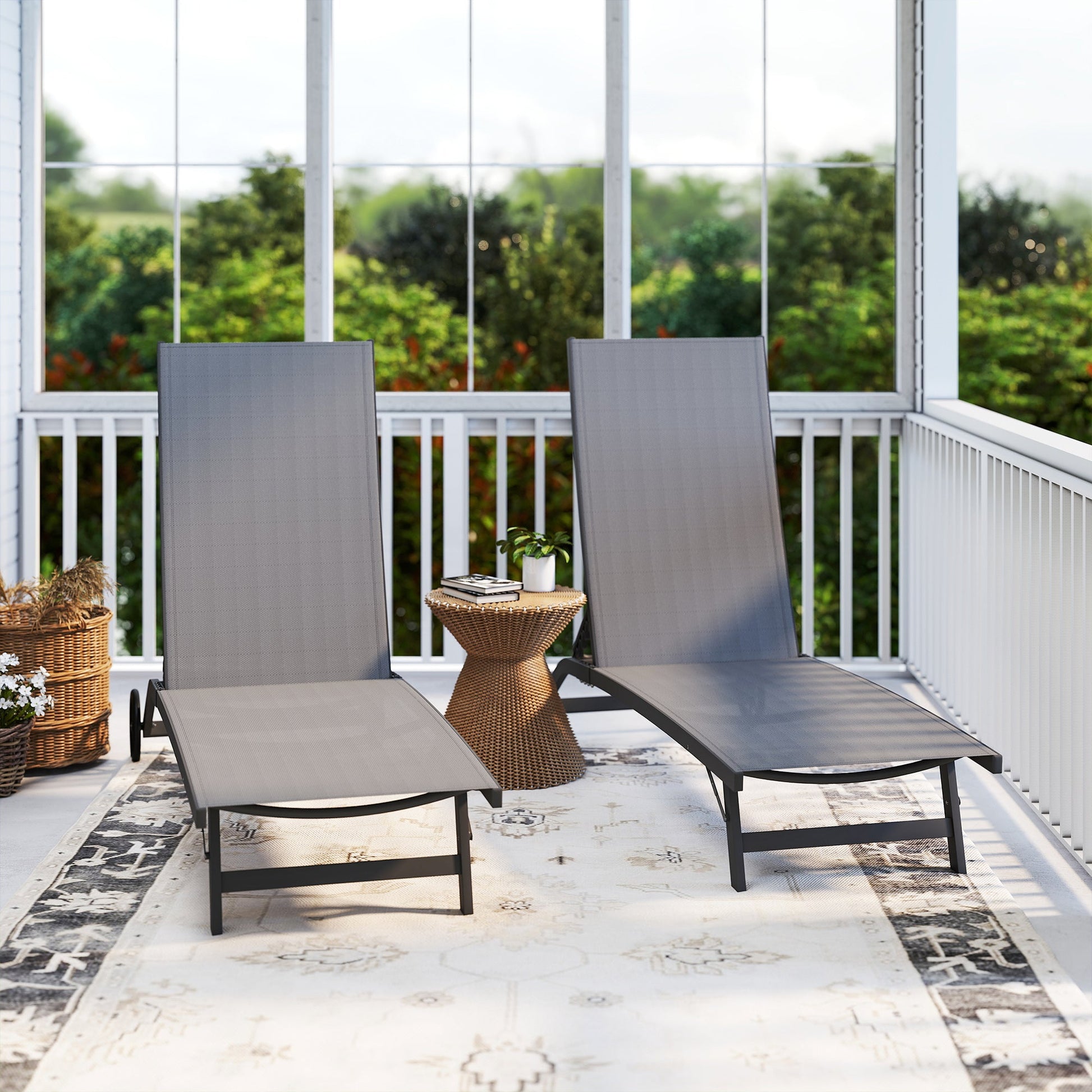 Lounge Chair Outdoor Set of 2 with Wheels, 5-Position Reclining Chaise Lounge Tanning Chair, Breathable Mesh Sun Lounger for Patio, Backyard, Beach, Poolside, Dark Grey