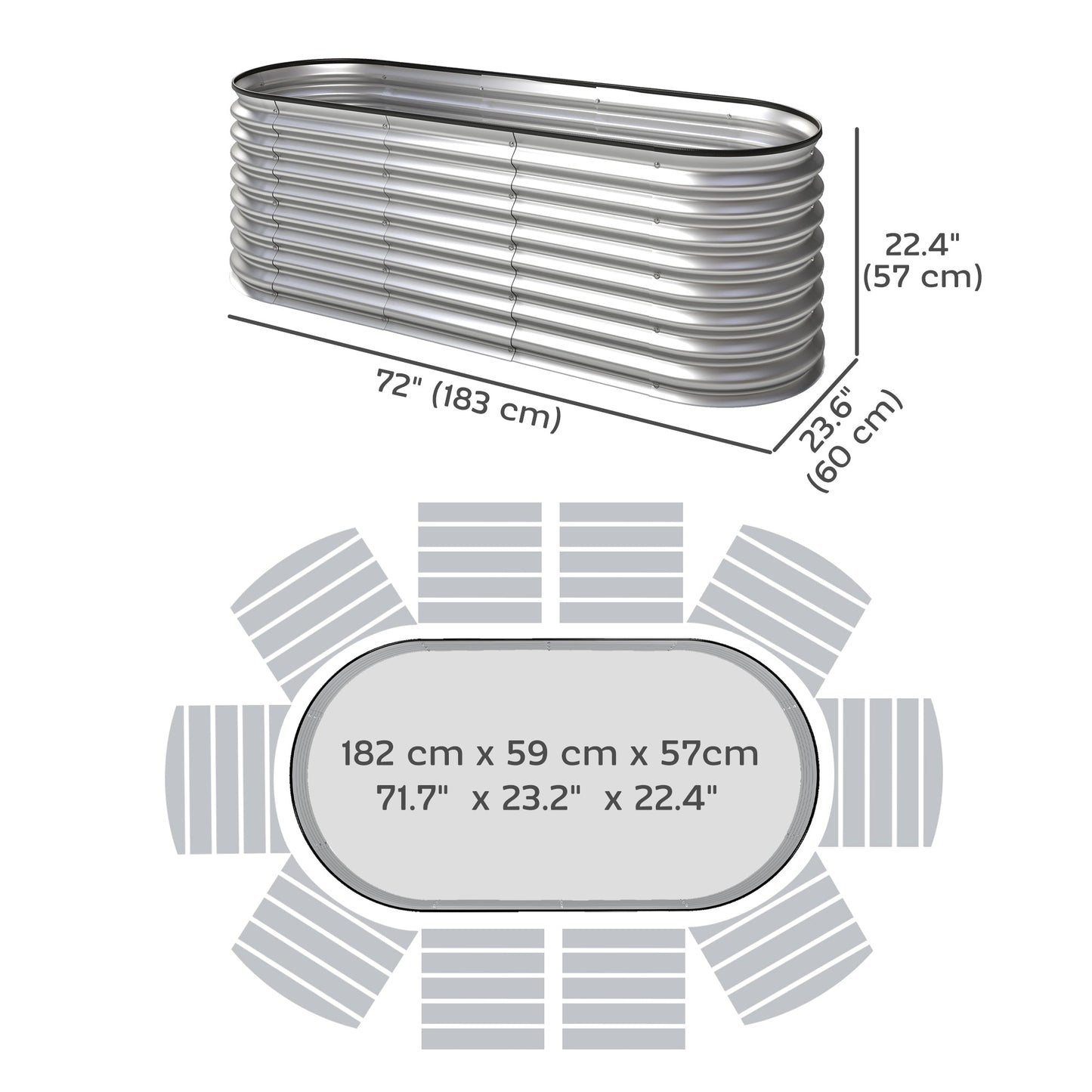2Pcs Galvanized Raised Garden Bed, 6 x 2 x 2 ft Modular Metal Garden Beds with Rubber Strip Edging, Oval Outdoor Planter Box for Vegetables, Flowers, Herbs, Silver