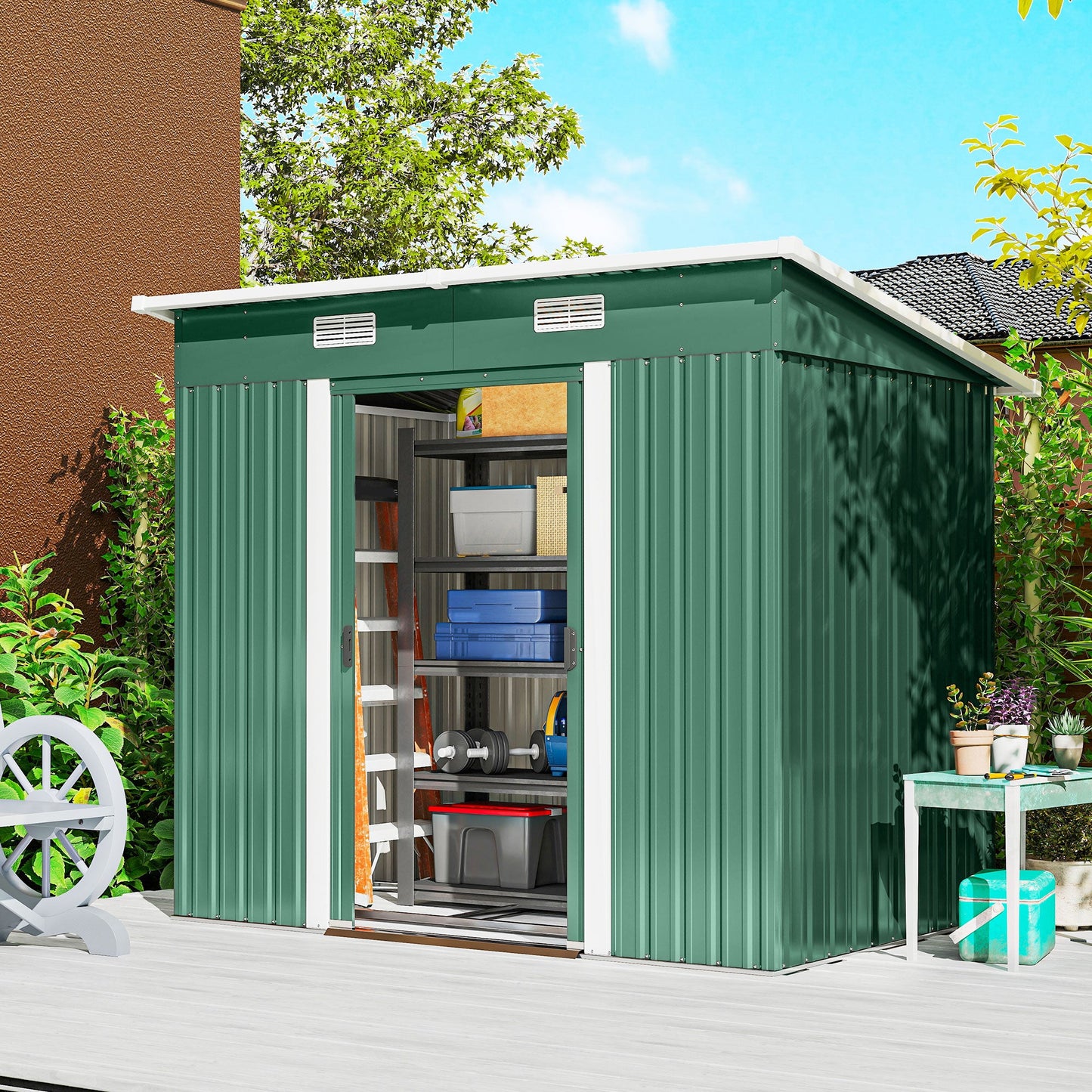 7'x 4' Outdoor Storage Shed, Metal Garden Shed with Lockable Double Doors, Foundation Kit and Vents for Patio, Backyard, Tool Storage, Green