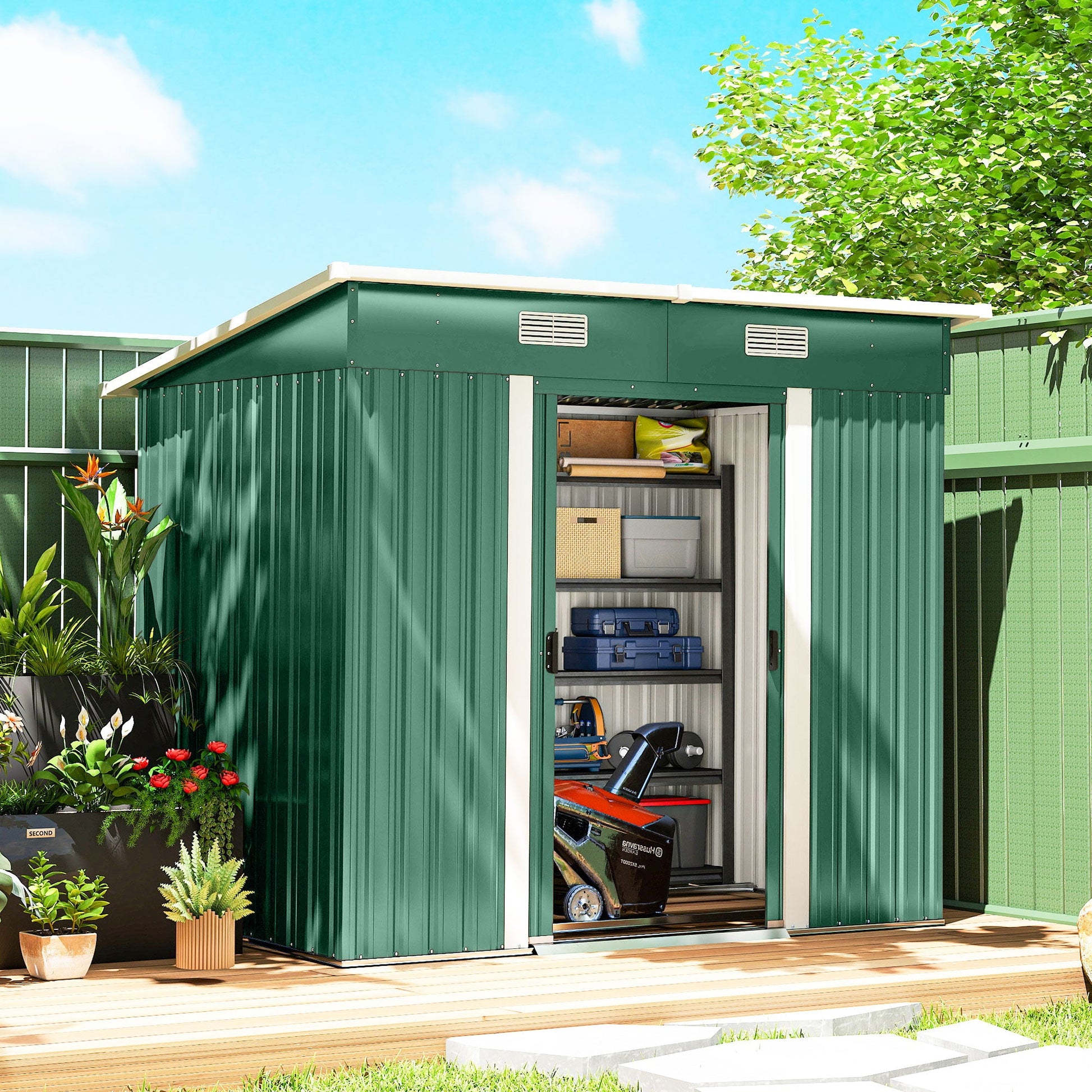 7'x 4' Outdoor Storage Shed, Metal Garden Shed with Lockable Double Doors, Foundation Kit and Vents for Patio, Backyard, Tool Storage, Green