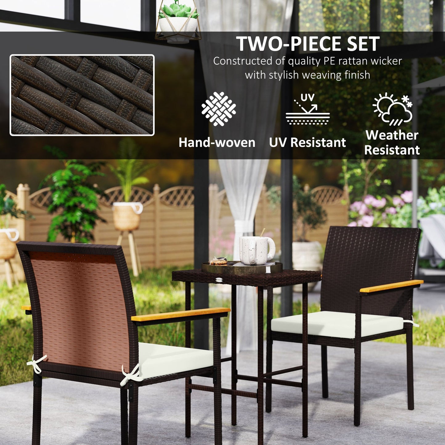 Stackable Wicker Patio Chairs Set of 2, PE Rattan Outdoor Dining Chairs with Removable Cushion, Armrest for Garden, Porch, Yard, Cream White