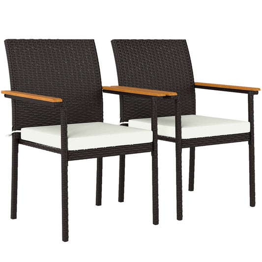 Stackable Wicker Patio Chairs Set of 2, PE Rattan Outdoor Dining Chairs with Removable Cushion, Armrest for Garden, Porch, Yard, Cream White