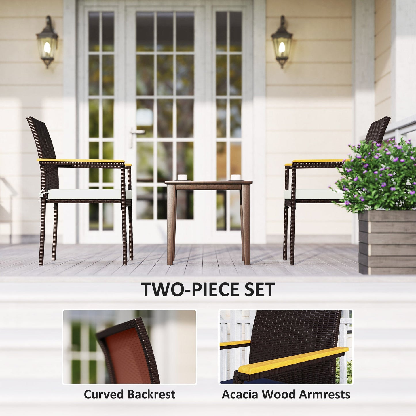 Stackable Wicker Patio Chairs Set of 2, PE Rattan Outdoor Dining Chairs with Removable Cushion, Armrest for Garden, Porch, Yard, Cream White