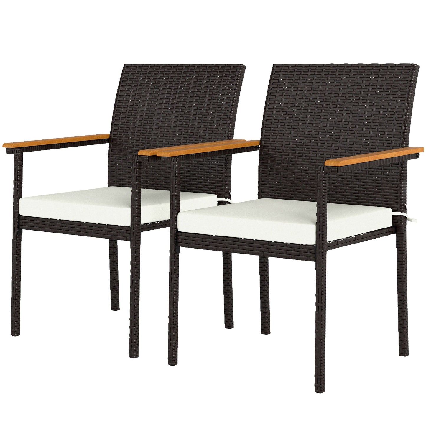 Stackable Wicker Patio Chairs Set of 2, PE Rattan Outdoor Dining Chairs with Removable Cushion, Armrest for Garden, Porch, Yard, Cream White