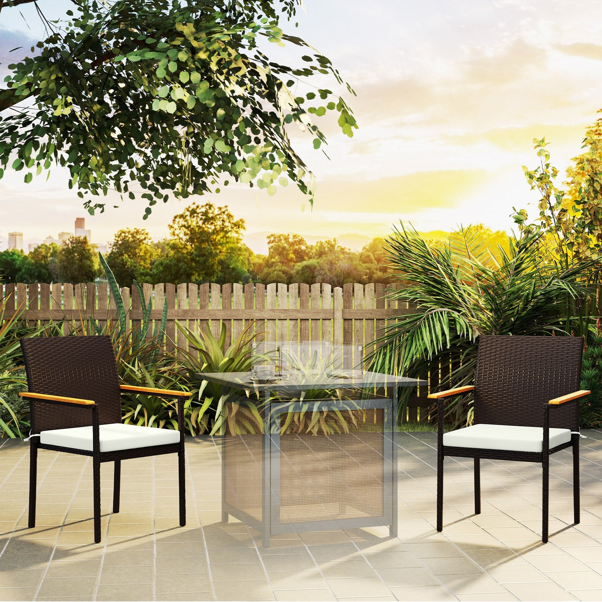 Stackable Wicker Patio Chairs Set of 2, PE Rattan Outdoor Dining Chairs with Removable Cushion, Armrest for Garden, Porch, Yard, Cream White