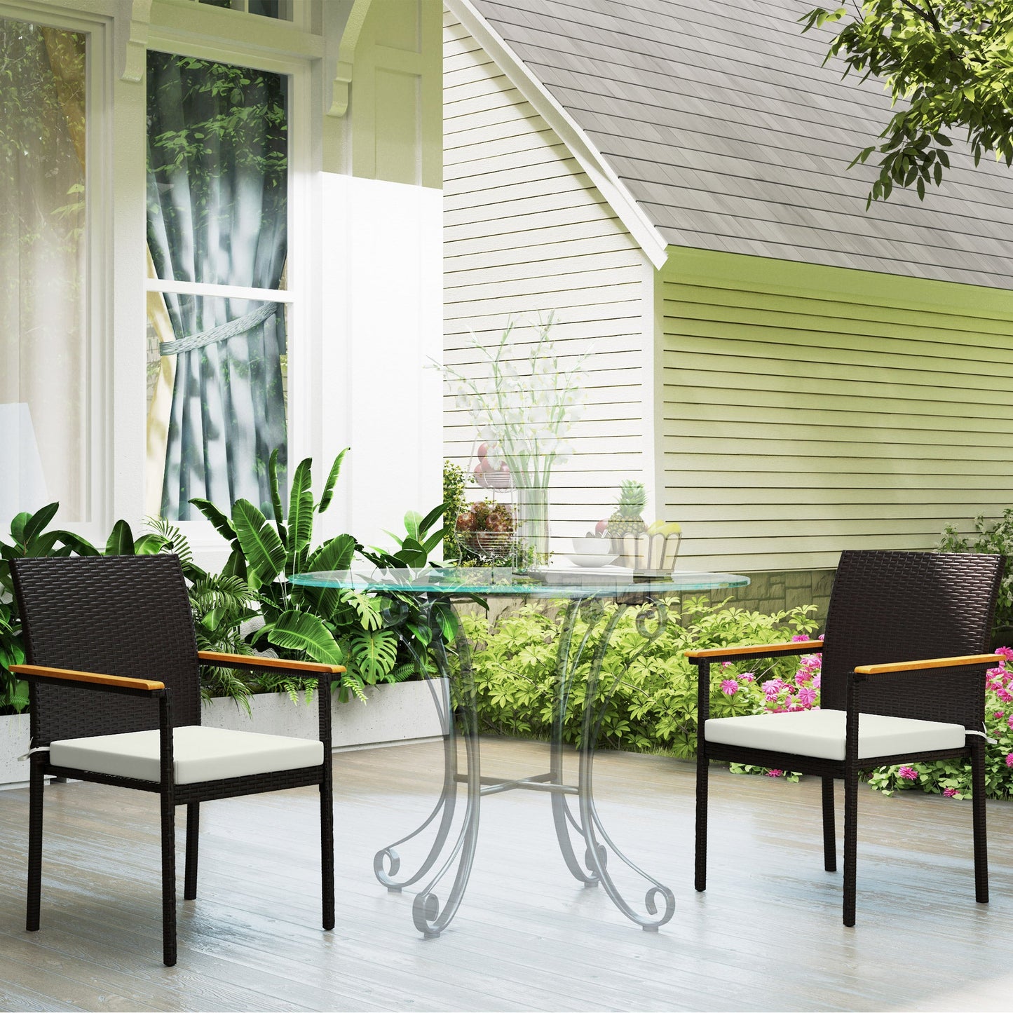 Stackable Wicker Patio Chairs Set of 2, PE Rattan Outdoor Dining Chairs with Removable Cushion, Armrest for Garden, Porch, Yard, Cream White