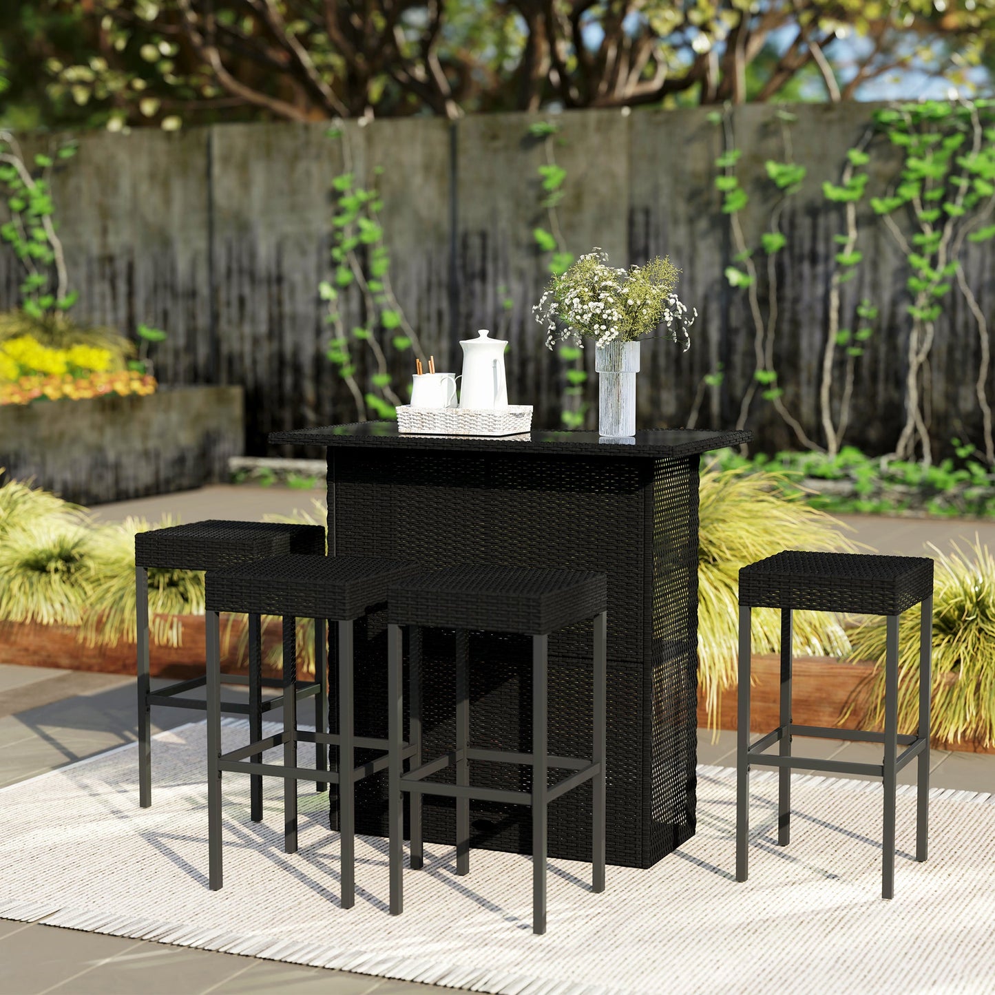 5 Pieces Patio Bar Set, Outdoor PE Rattan Wicker High Top Outdoor Table and Chairs Outdoor Bar Set with Tempered Glass Top Bar Table and Shelves, 4 Bar Chairs, Black