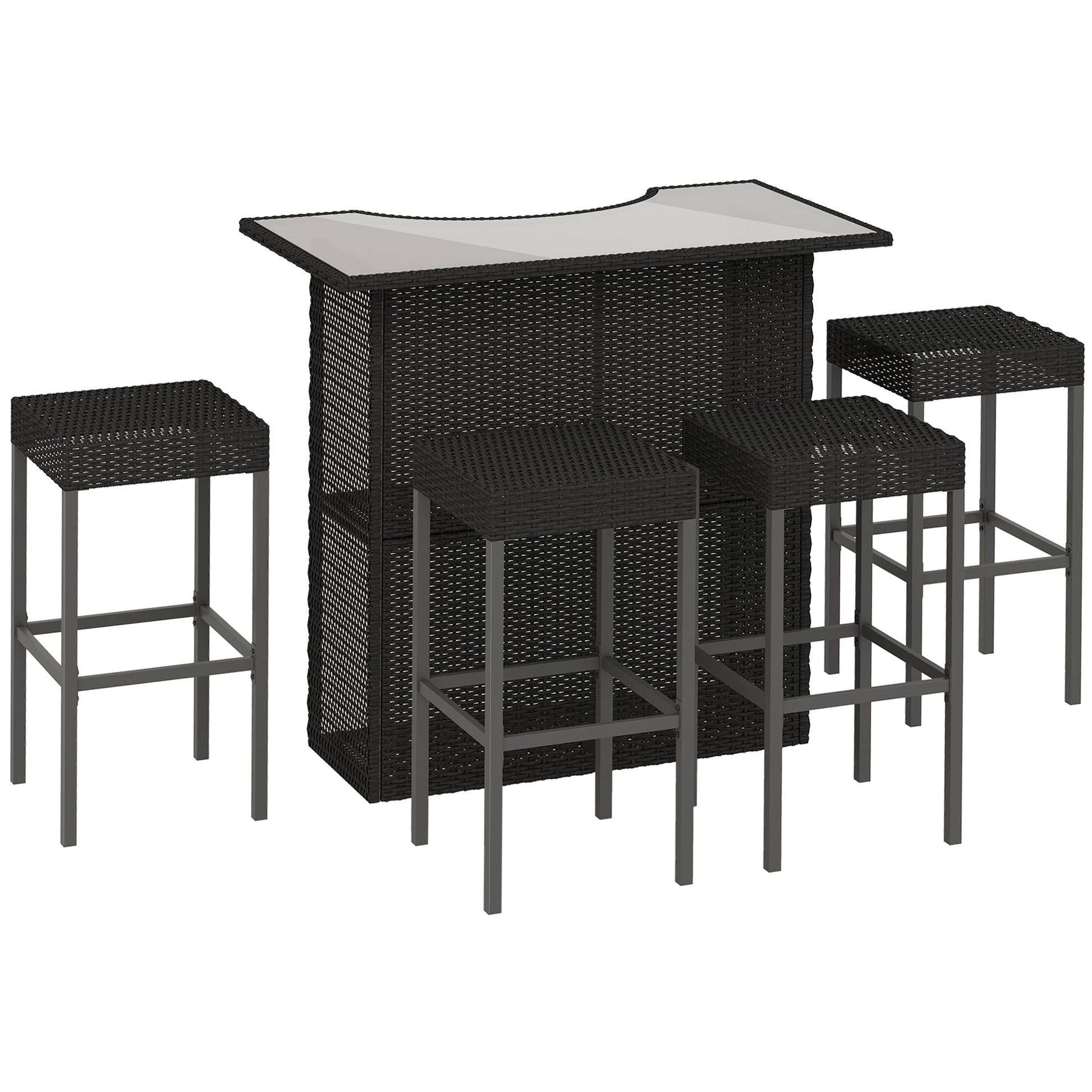 5 Pieces Patio Bar Set, Outdoor PE Rattan Wicker High Top Outdoor Table and Chairs Outdoor Bar Set with Tempered Glass Top Bar Table and Shelves, 4 Bar Chairs, Black