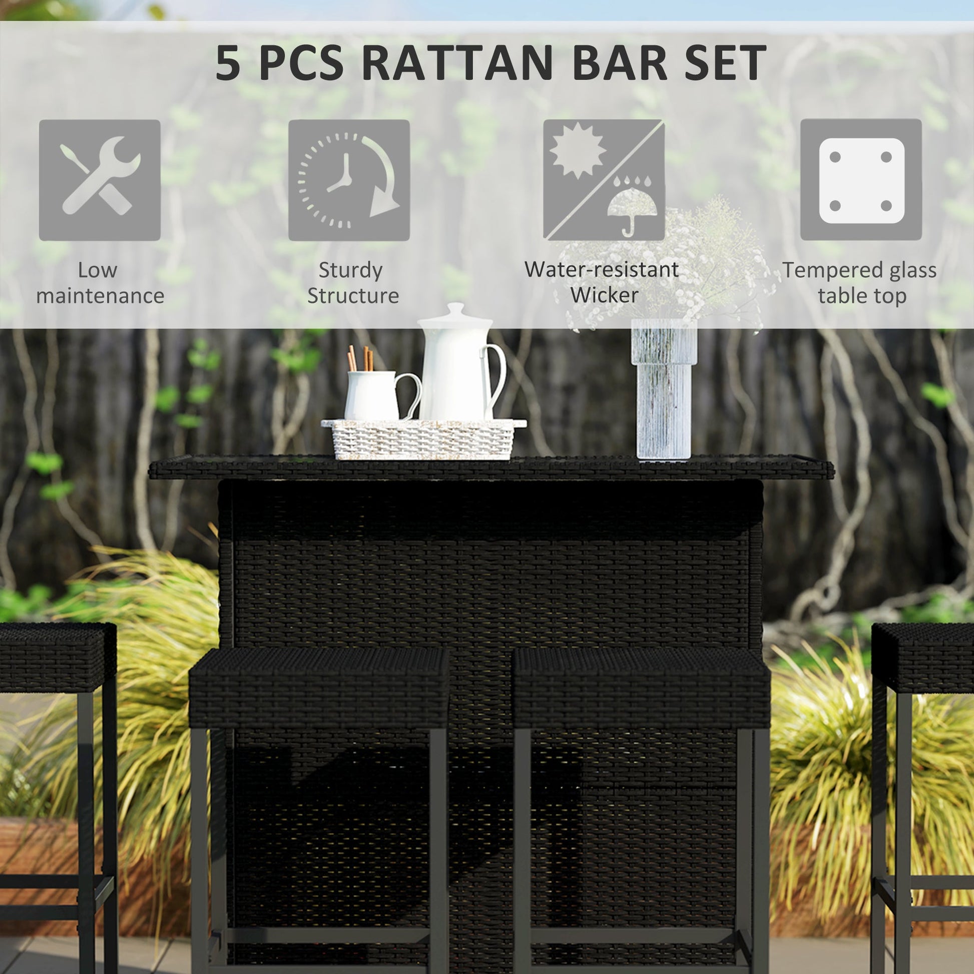5 Pieces Patio Bar Set, Outdoor PE Rattan Wicker High Top Outdoor Table and Chairs Outdoor Bar Set with Tempered Glass Top Bar Table and Shelves, 4 Bar Chairs, Black