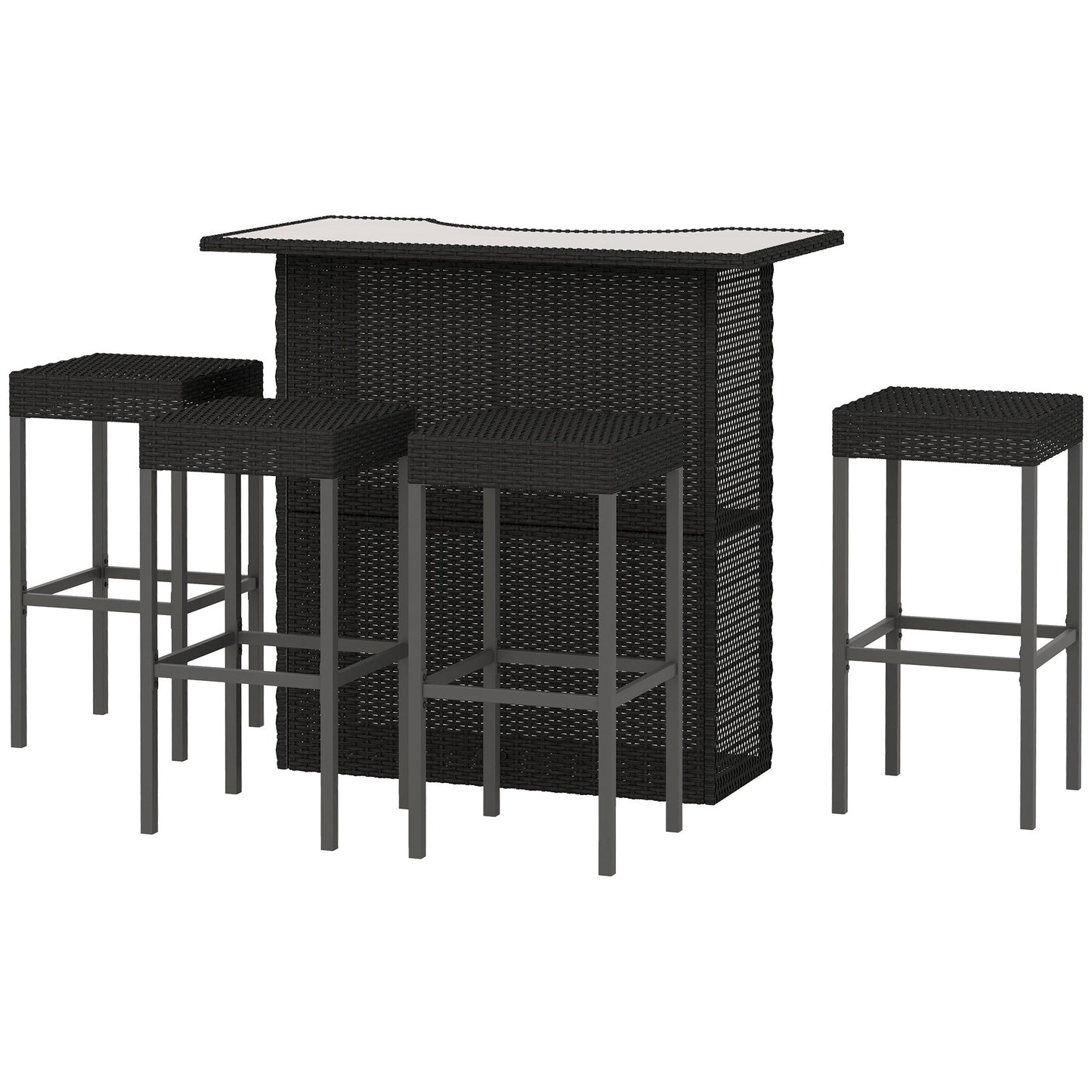 5 Pieces Patio Bar Set, Outdoor PE Rattan Wicker High Top Outdoor Table and Chairs Outdoor Bar Set with Tempered Glass Top Bar Table and Shelves, 4 Bar Chairs, Black